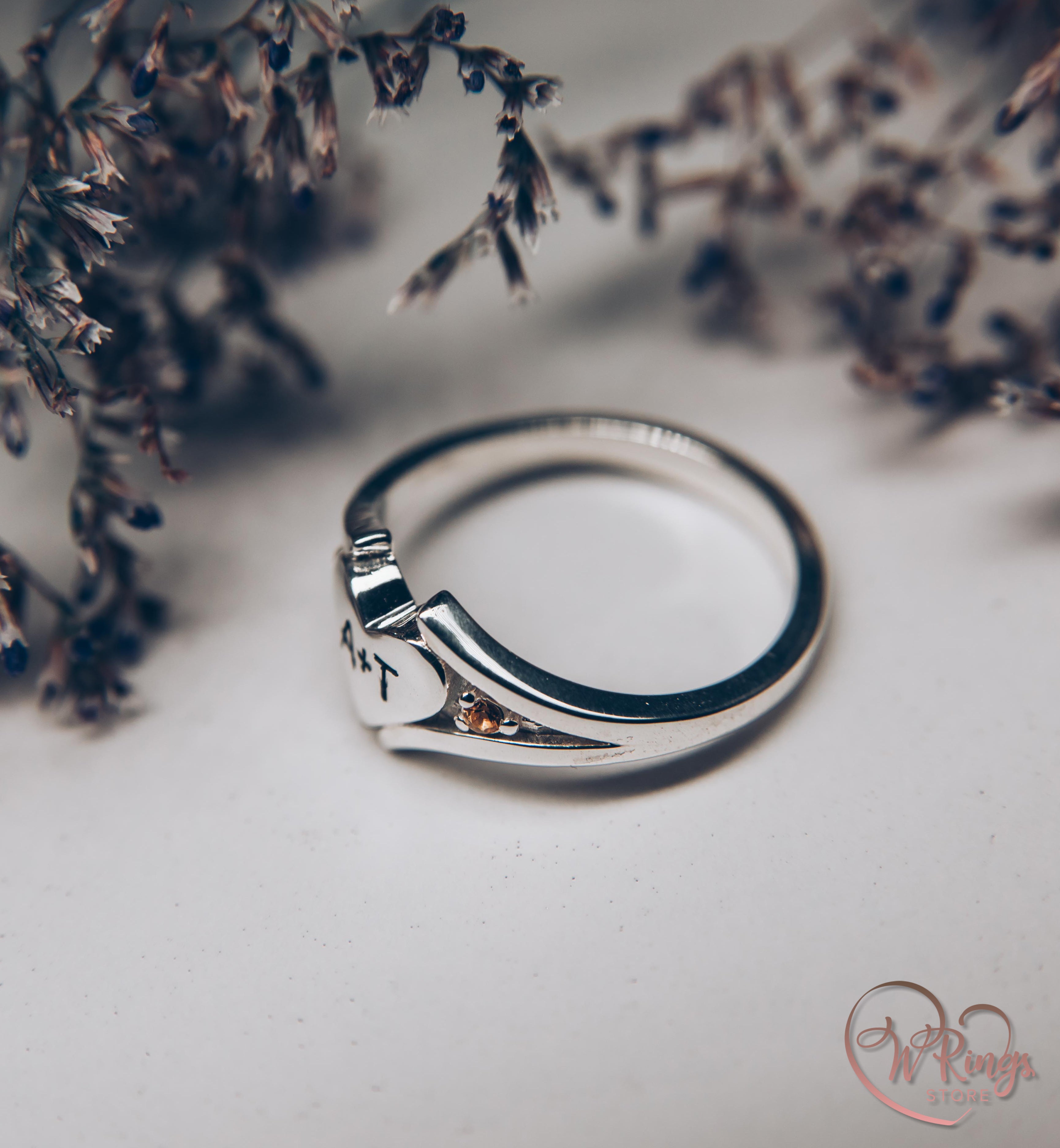 Personalized Initials in Silver Heart Ring & Side Citrines