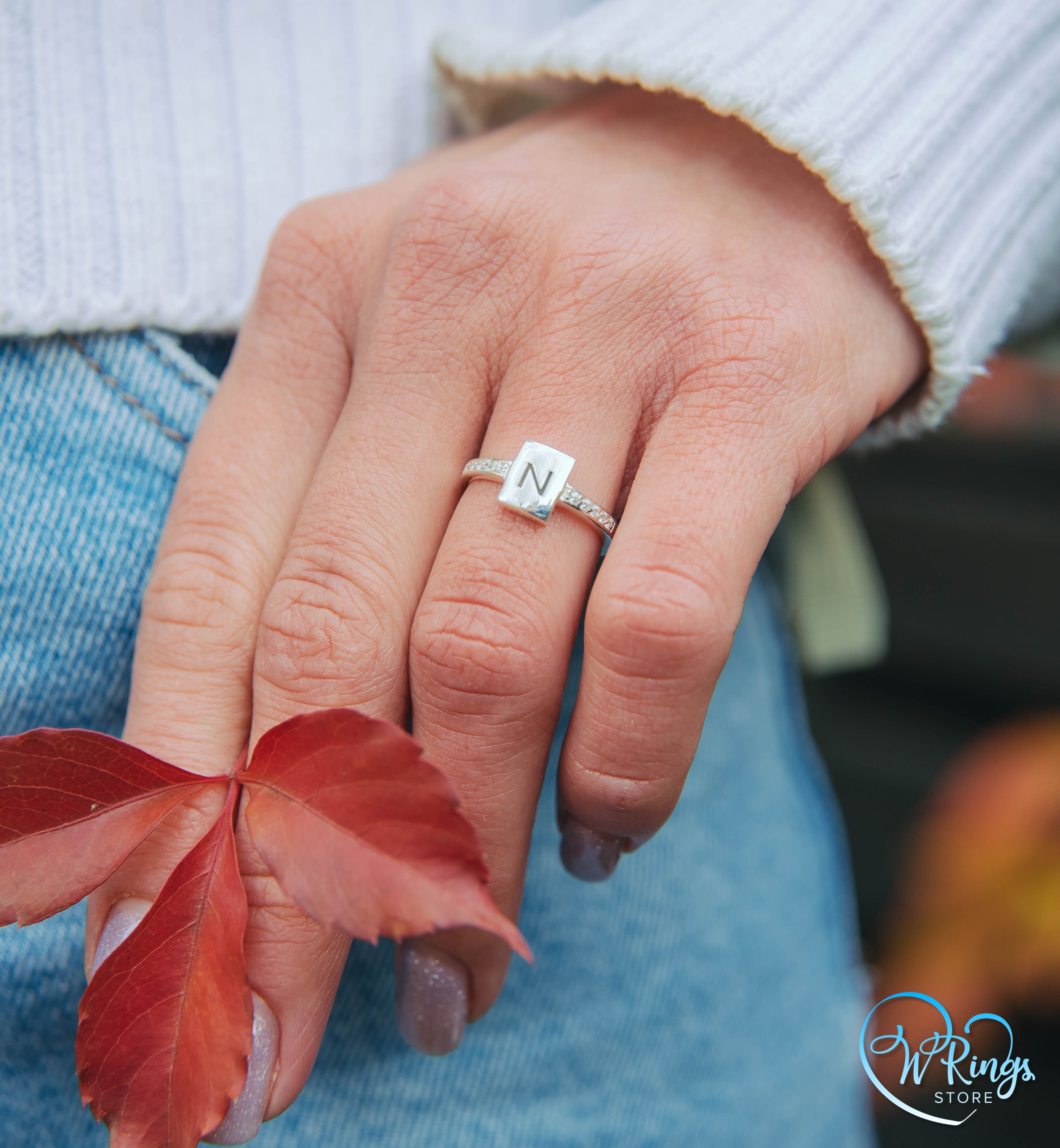 Personalized Letter N Women's Silver Flat Signet Ring & Side CZ