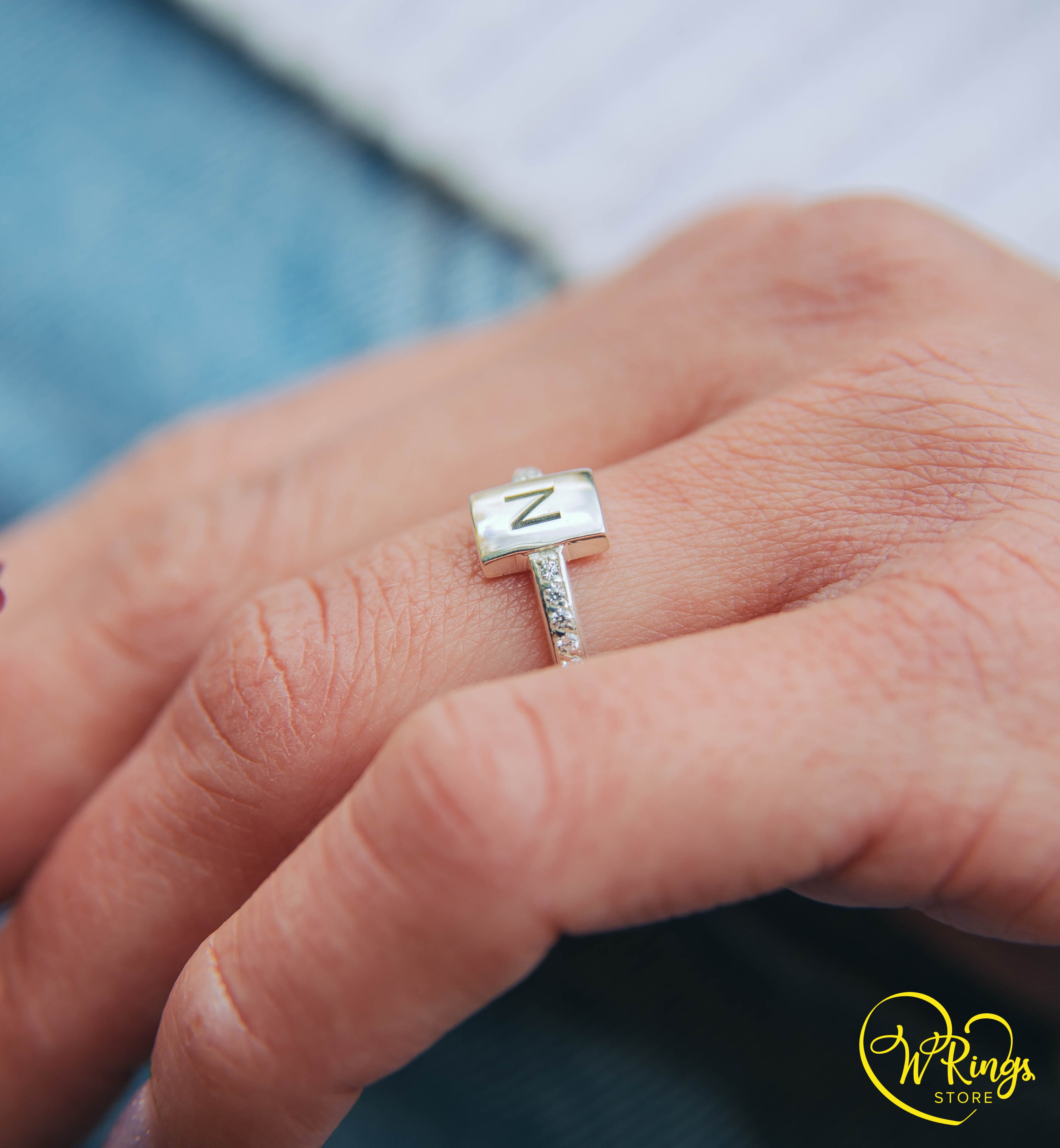 Personalized Letter N Women's Silver Flat Signet Ring & Side CZ