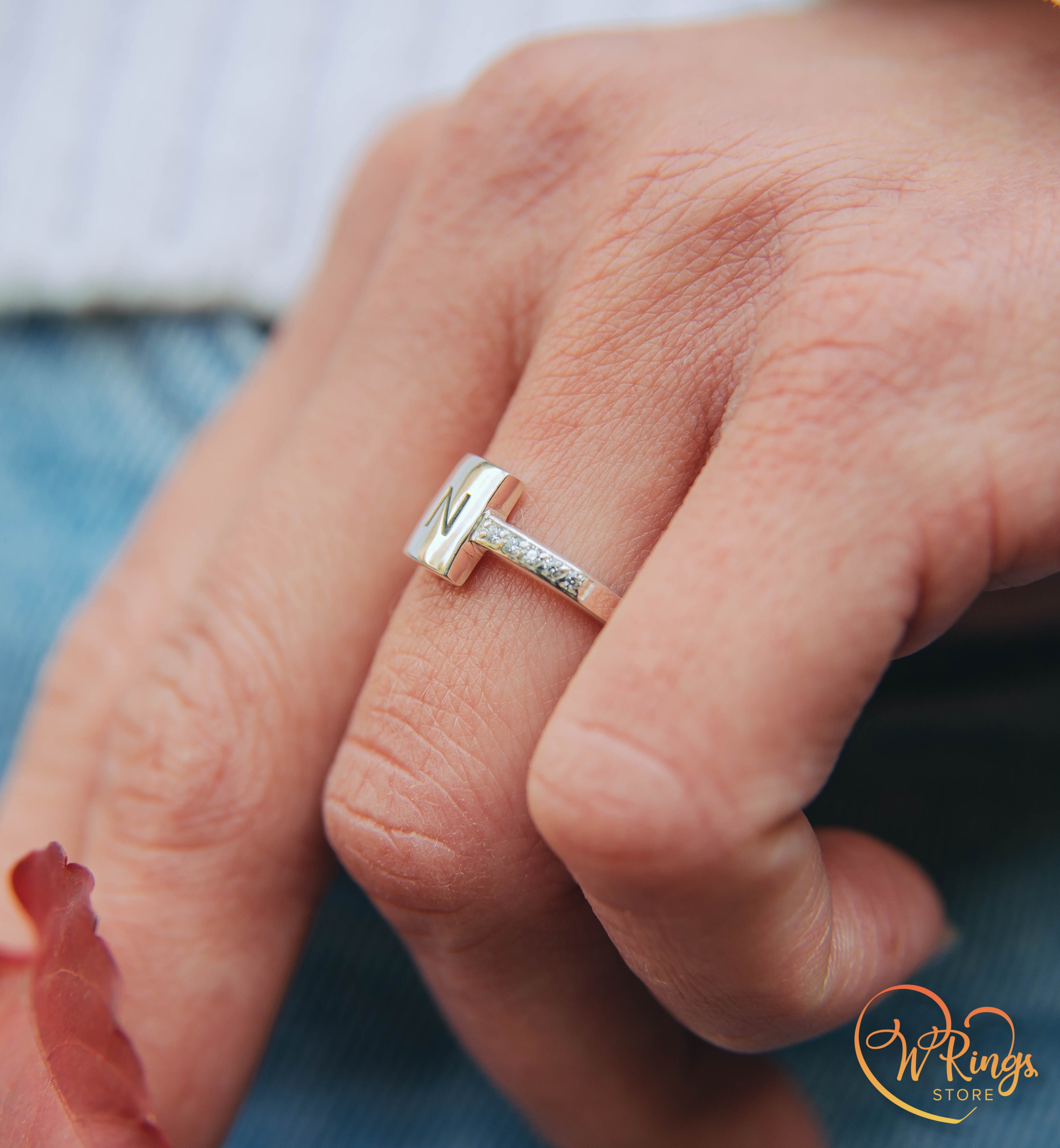 Personalized Letter N Women's Silver Flat Signet Ring & Side CZ