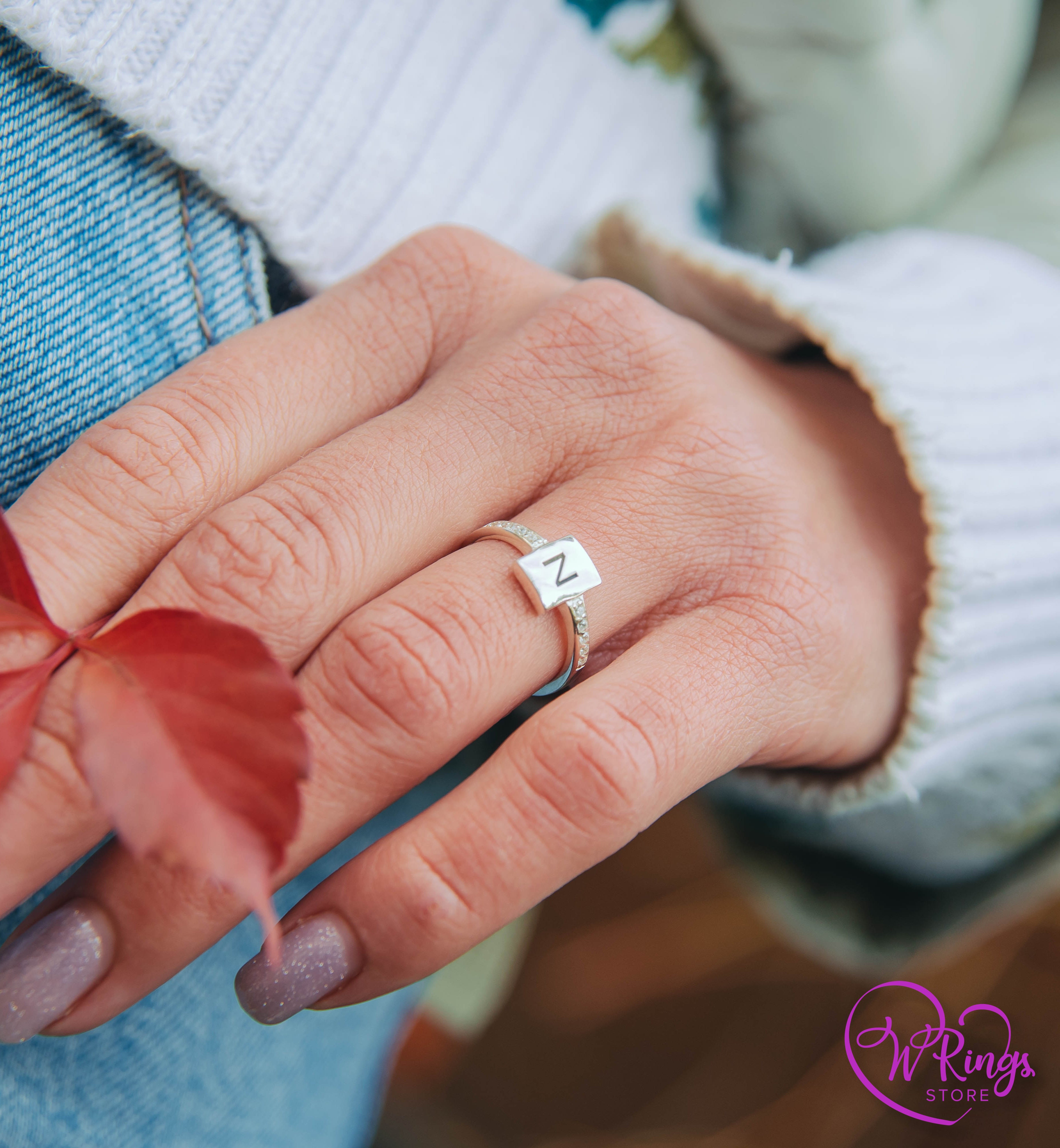 Personalized Letter N Women's Silver Flat Signet Ring & Side CZ