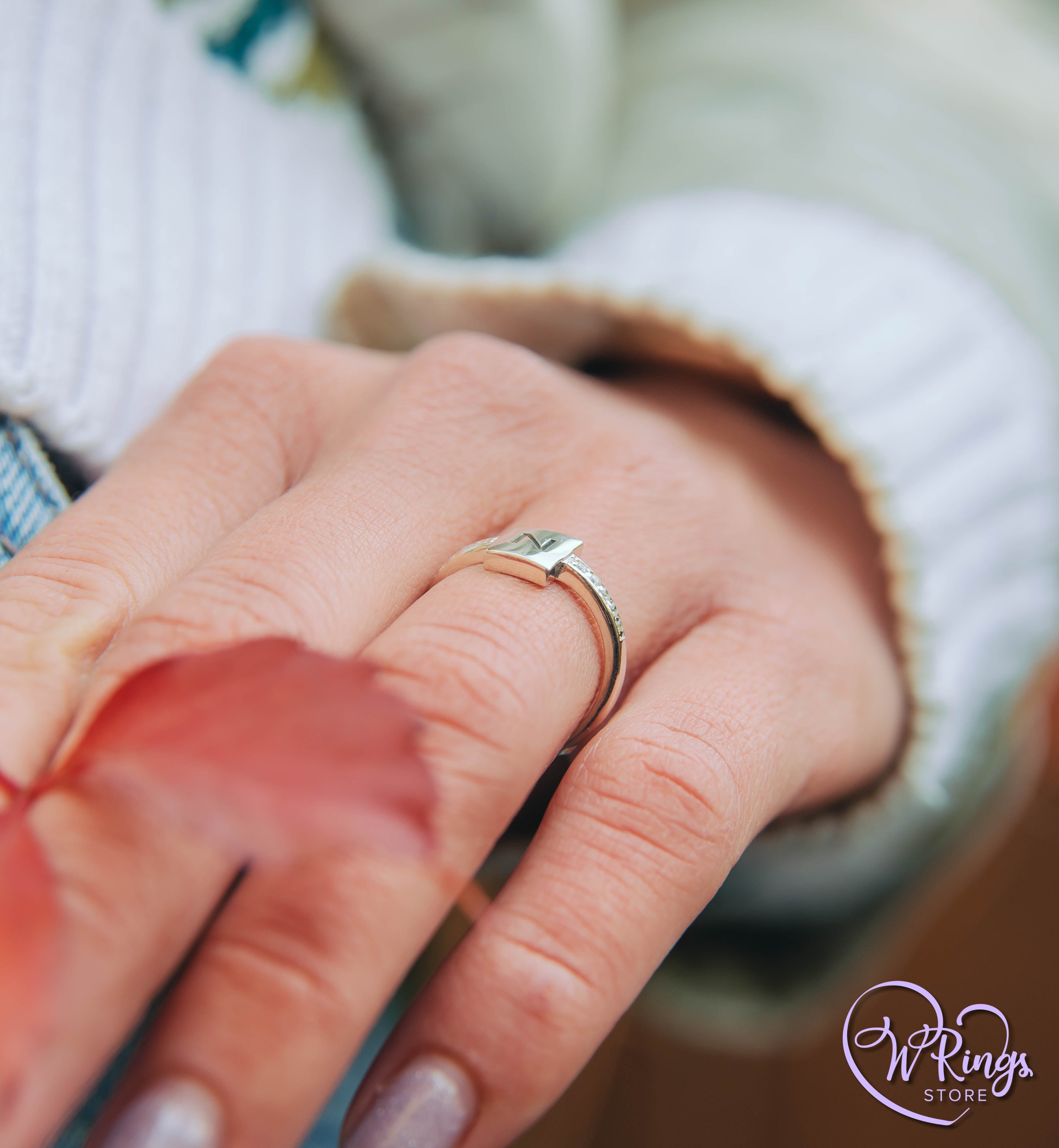 Personalized Letter N Women's Silver Flat Signet Ring & Side CZ