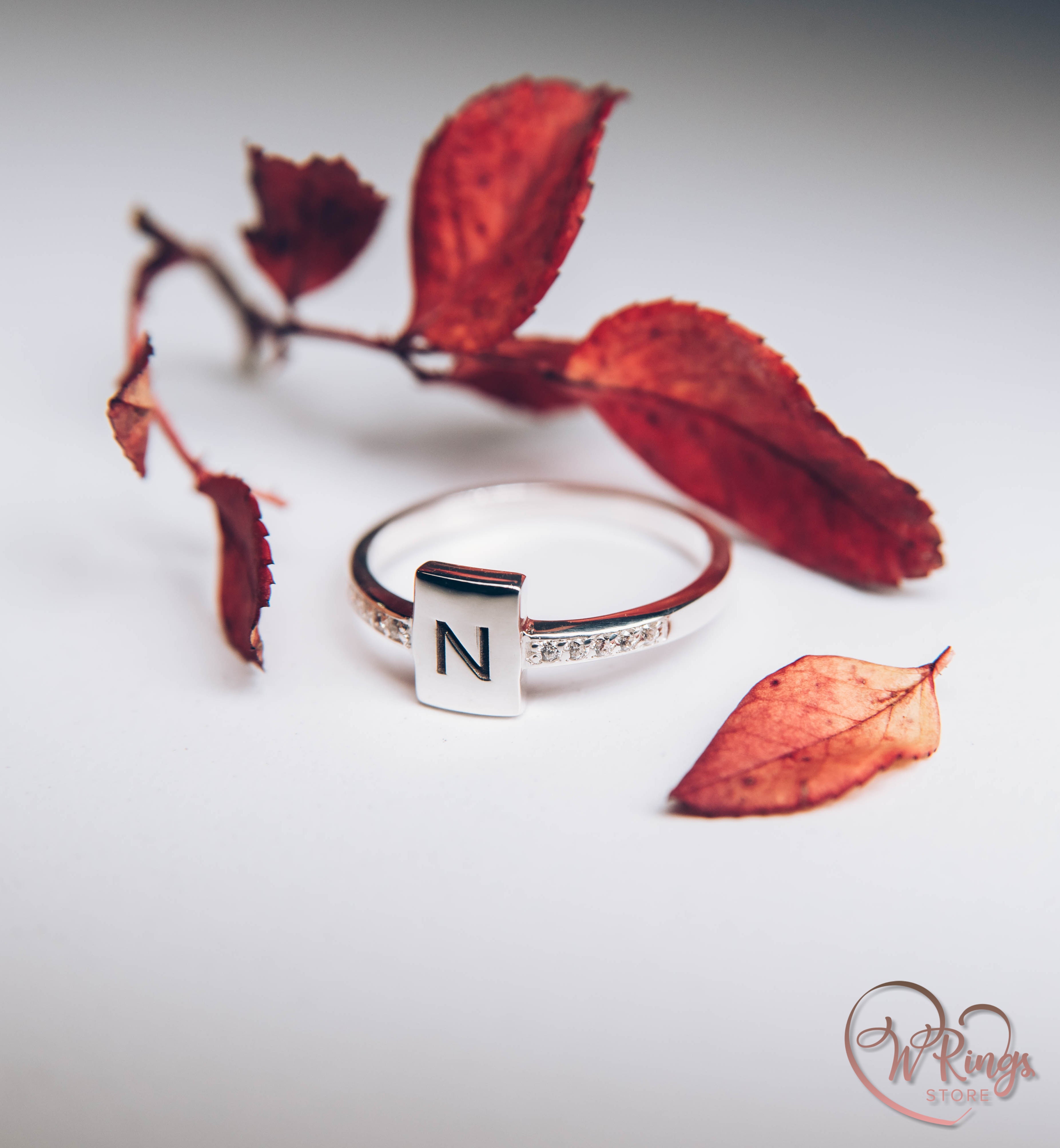 Personalized Letter N Women's Silver Flat Signet Ring & Side CZ