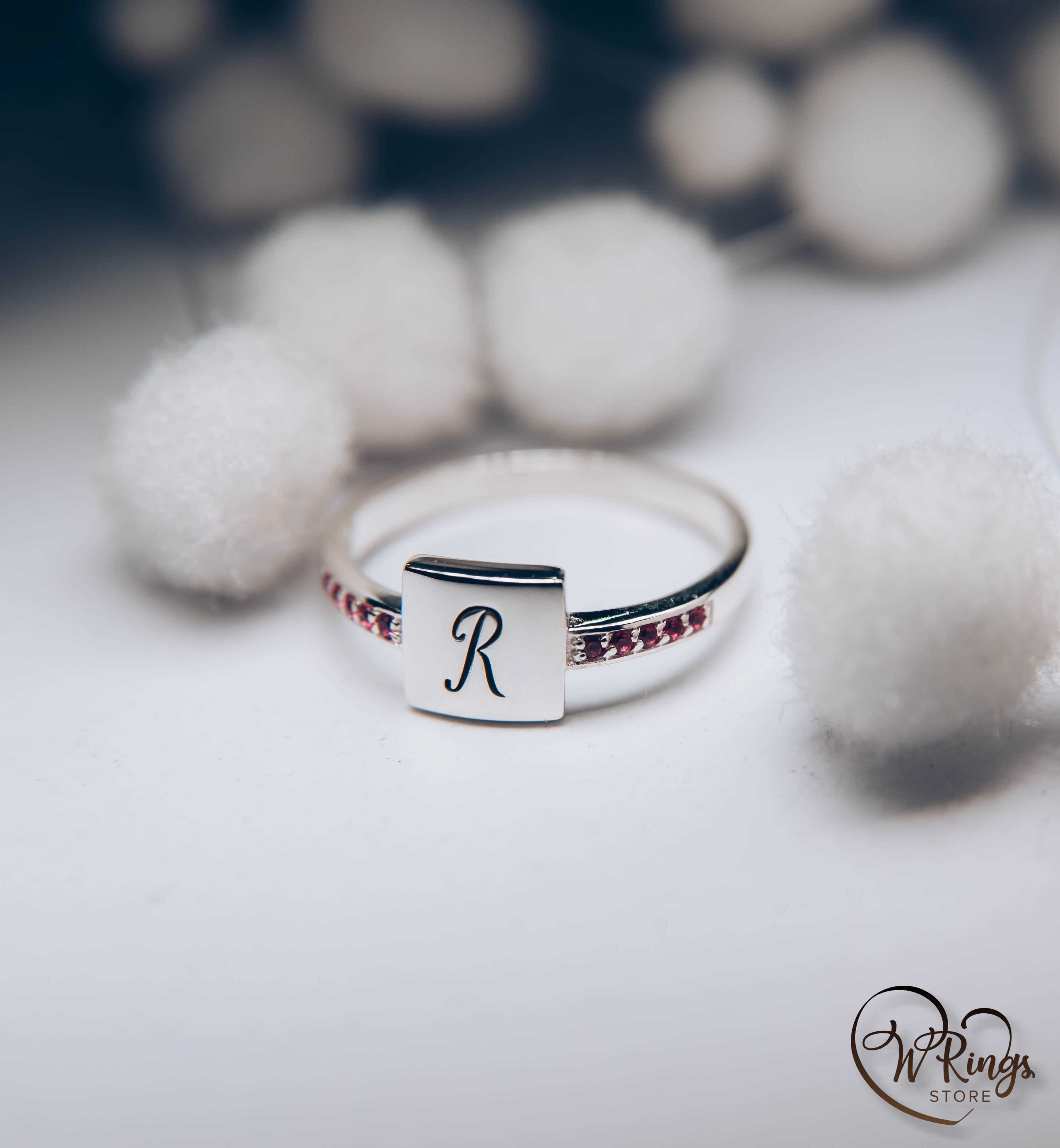 Personalized Letter R Women's Silver Flat Signet Ring & Side Rubies