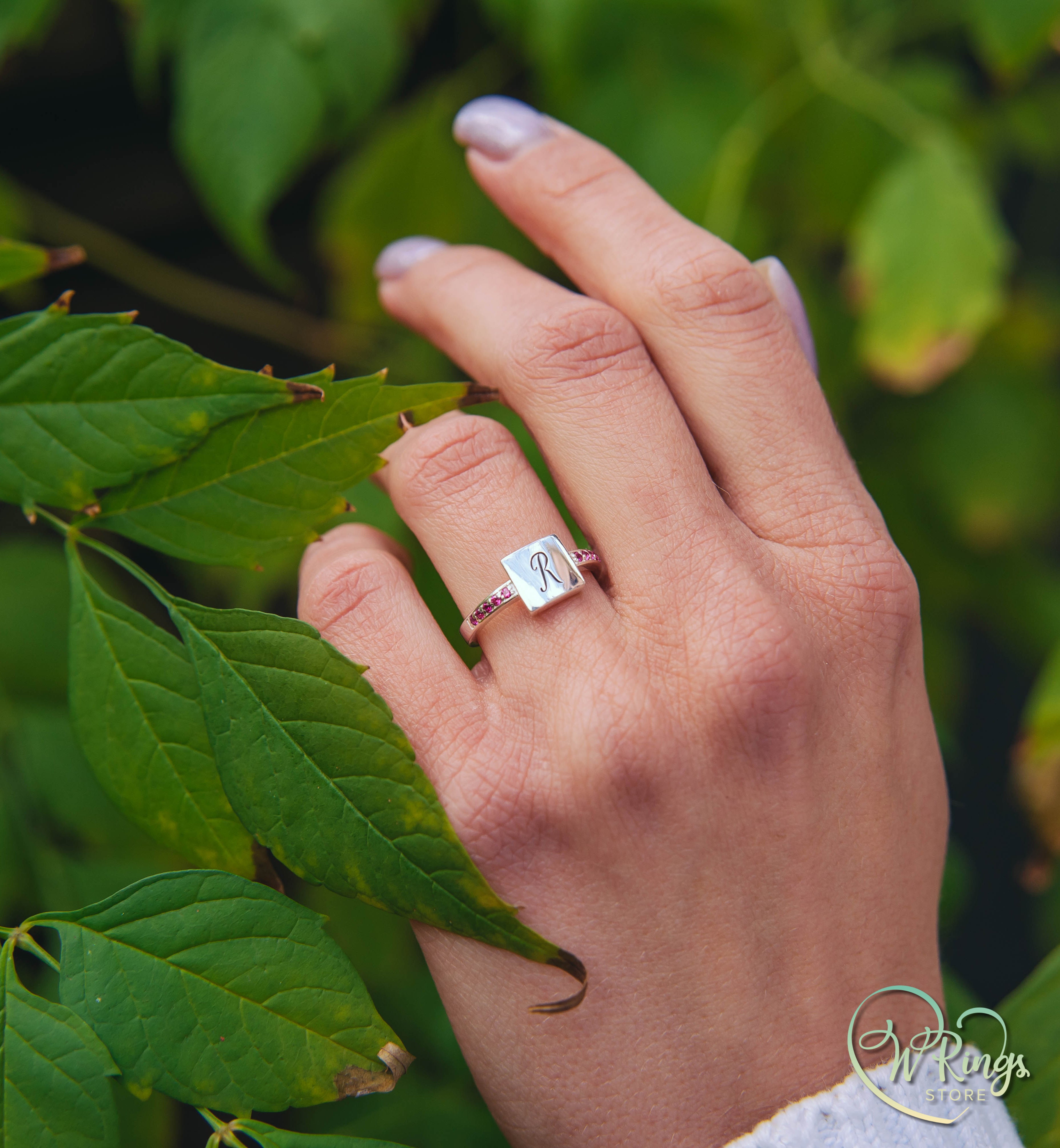 Personalized Letter R Women's Silver Flat Signet Ring & Side Rubies
