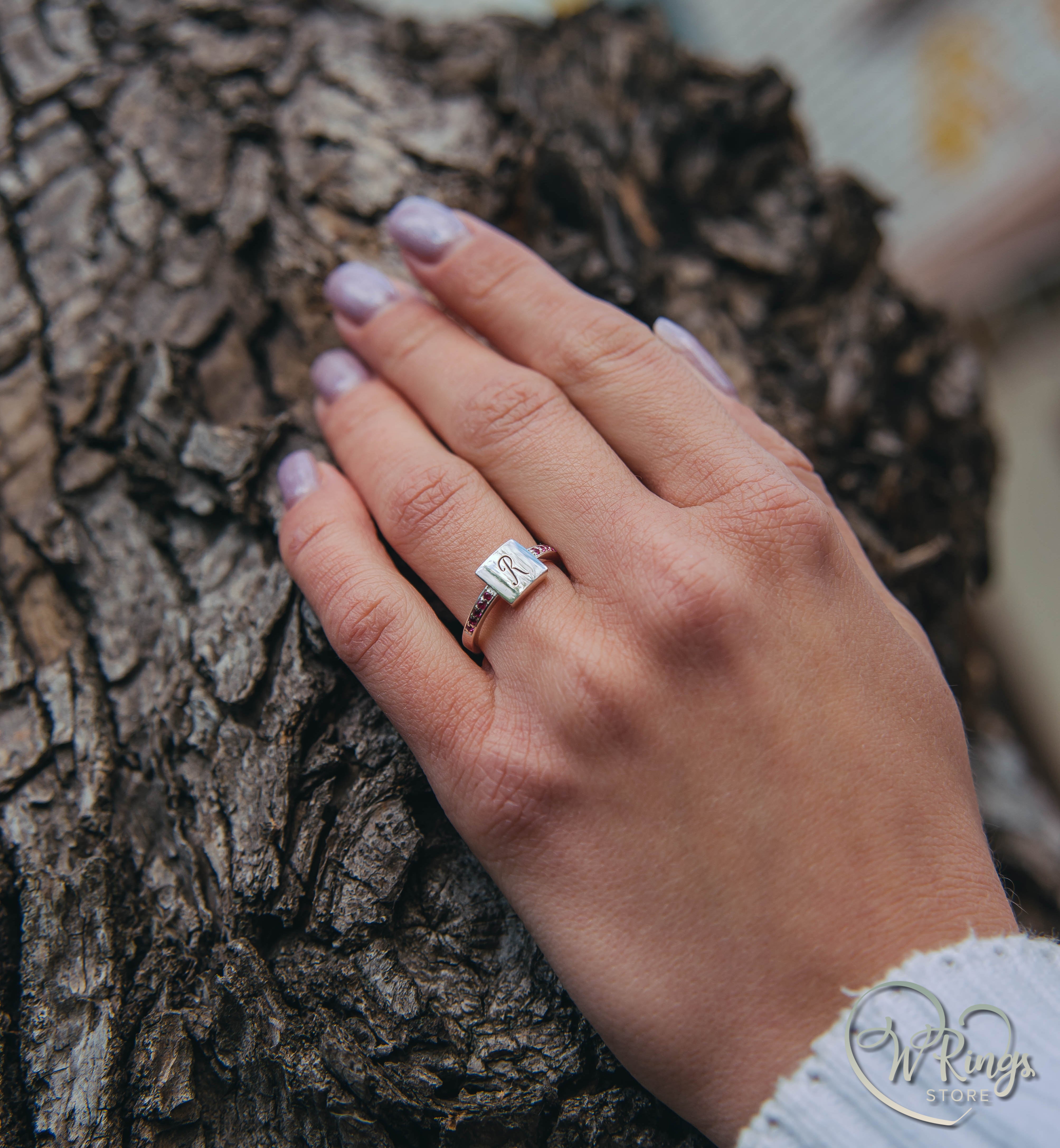 Personalized Letter R Women's Silver Flat Signet Ring & Side Rubies