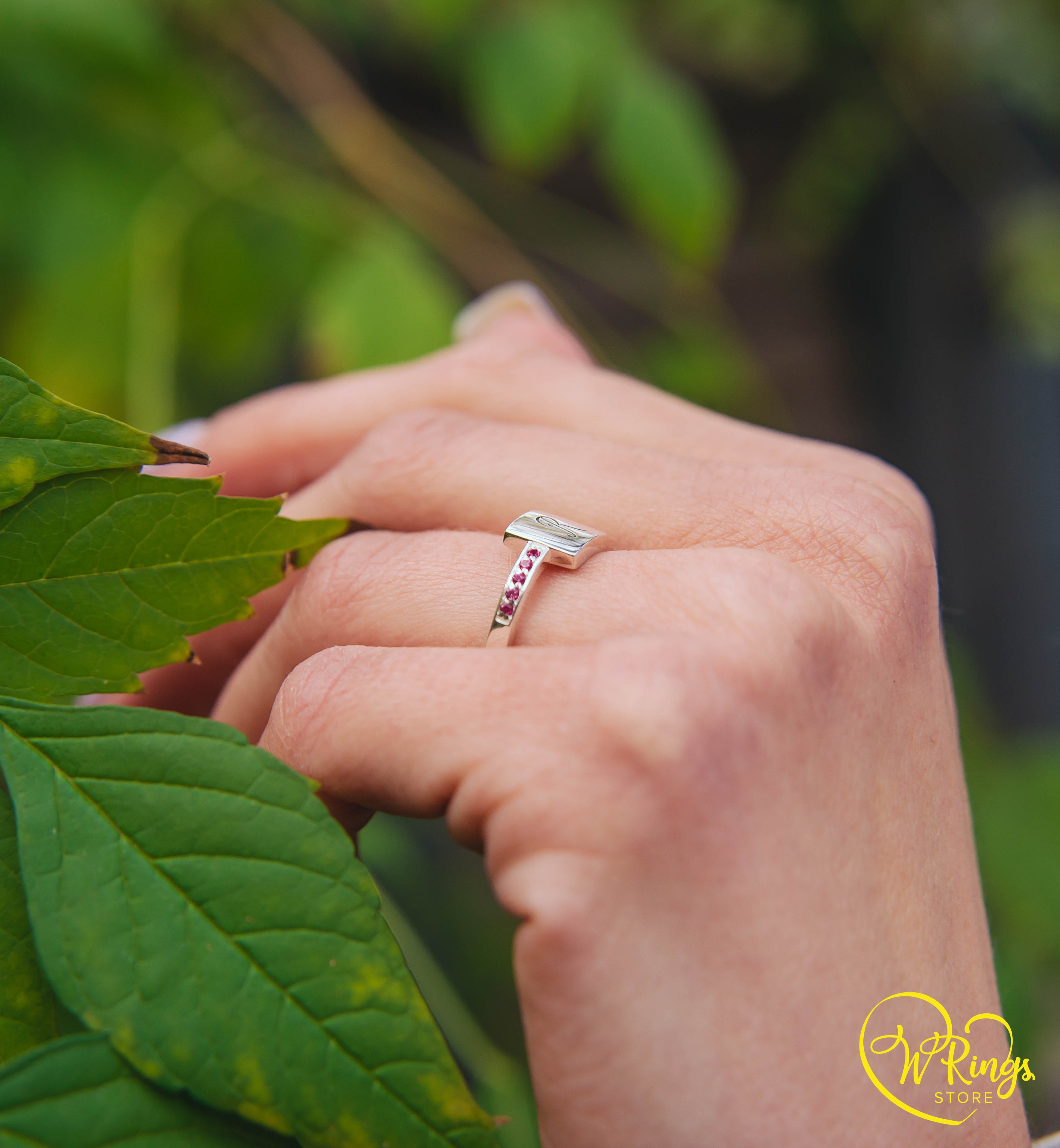 Personalized Letter R Women's Silver Flat Signet Ring & Side Rubies