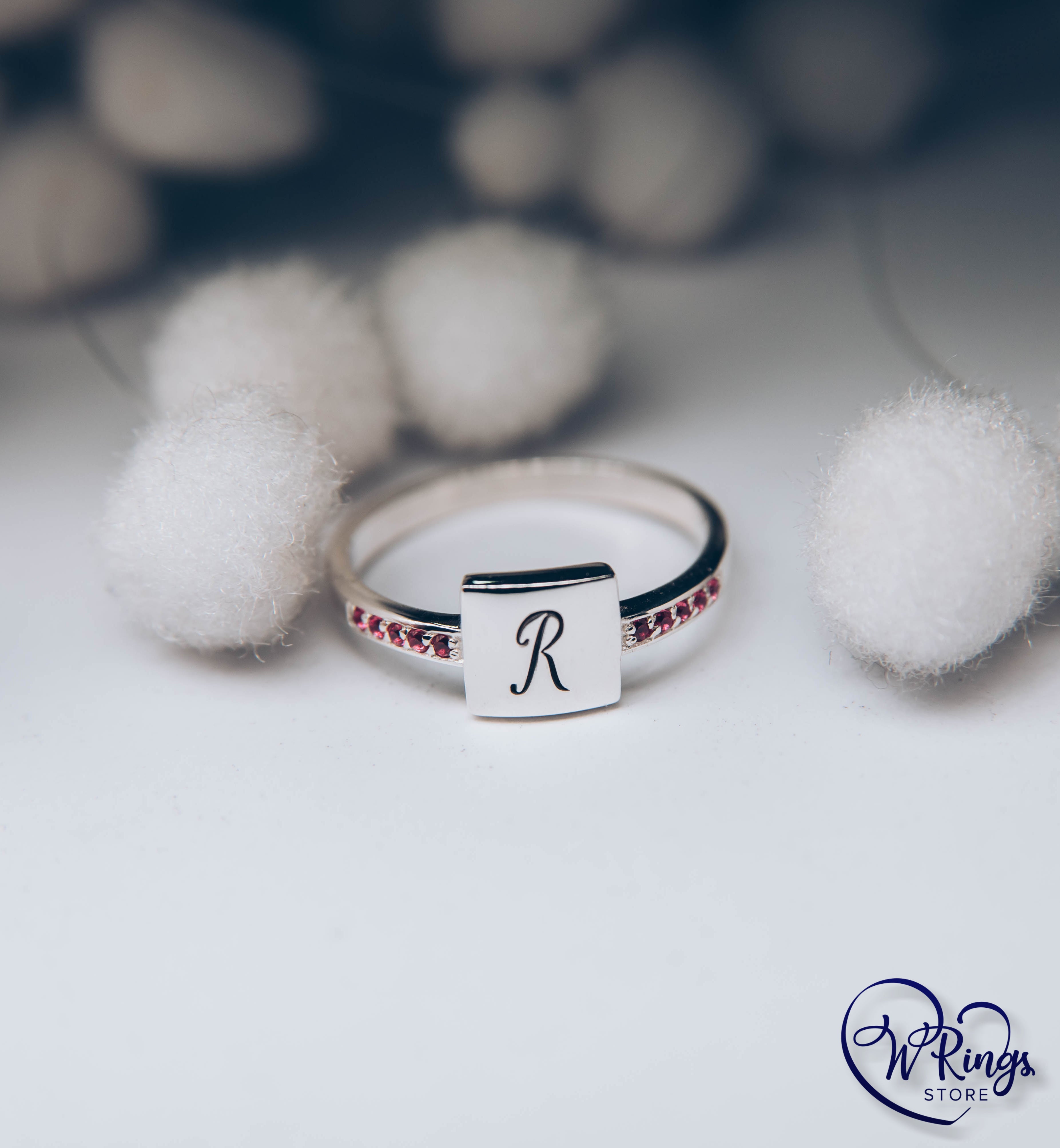 Personalized Letter R Women's Silver Flat Signet Ring & Side Rubies
