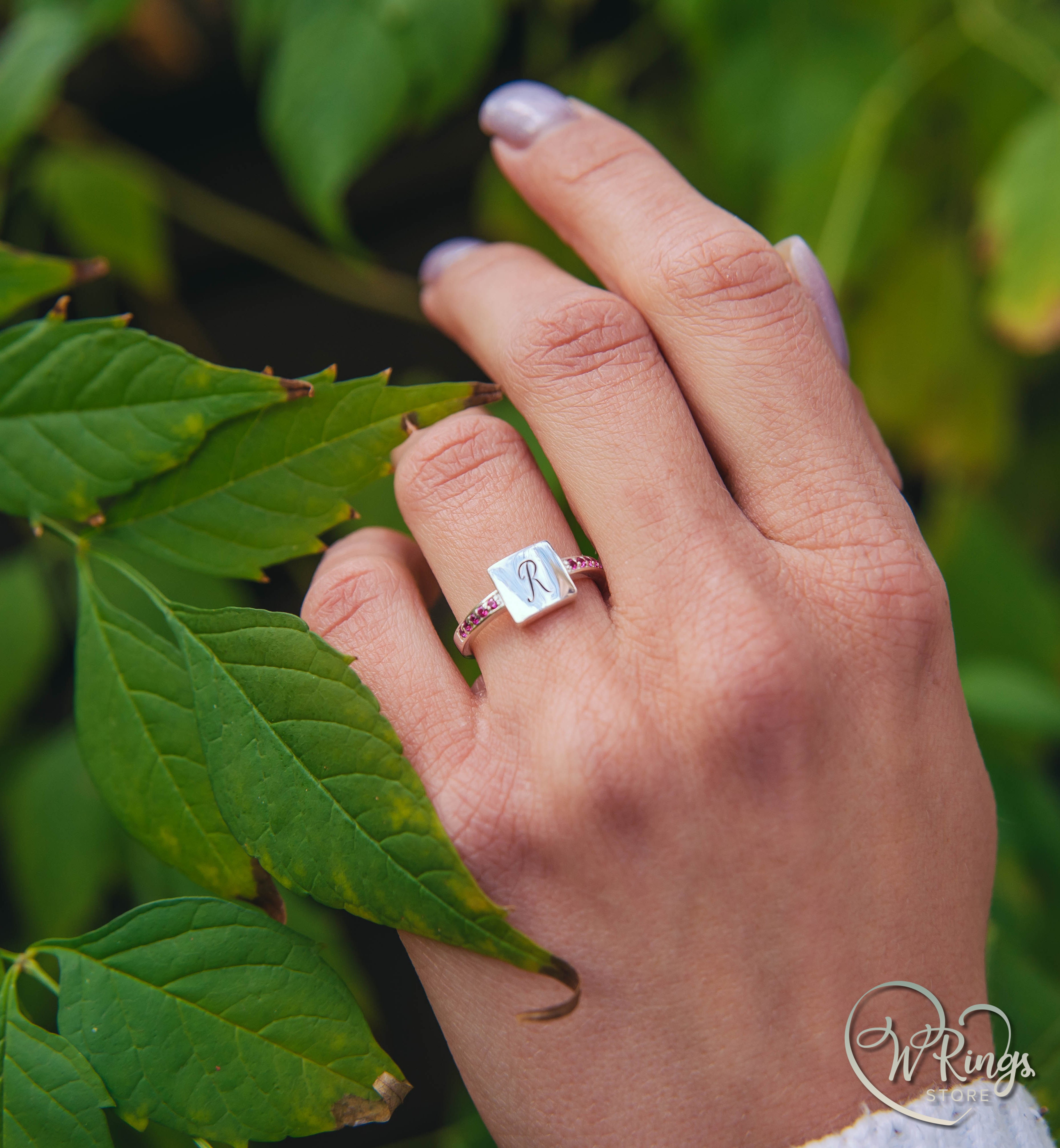 Personalized Letter R Women's Silver Flat Signet Ring & Side Rubies