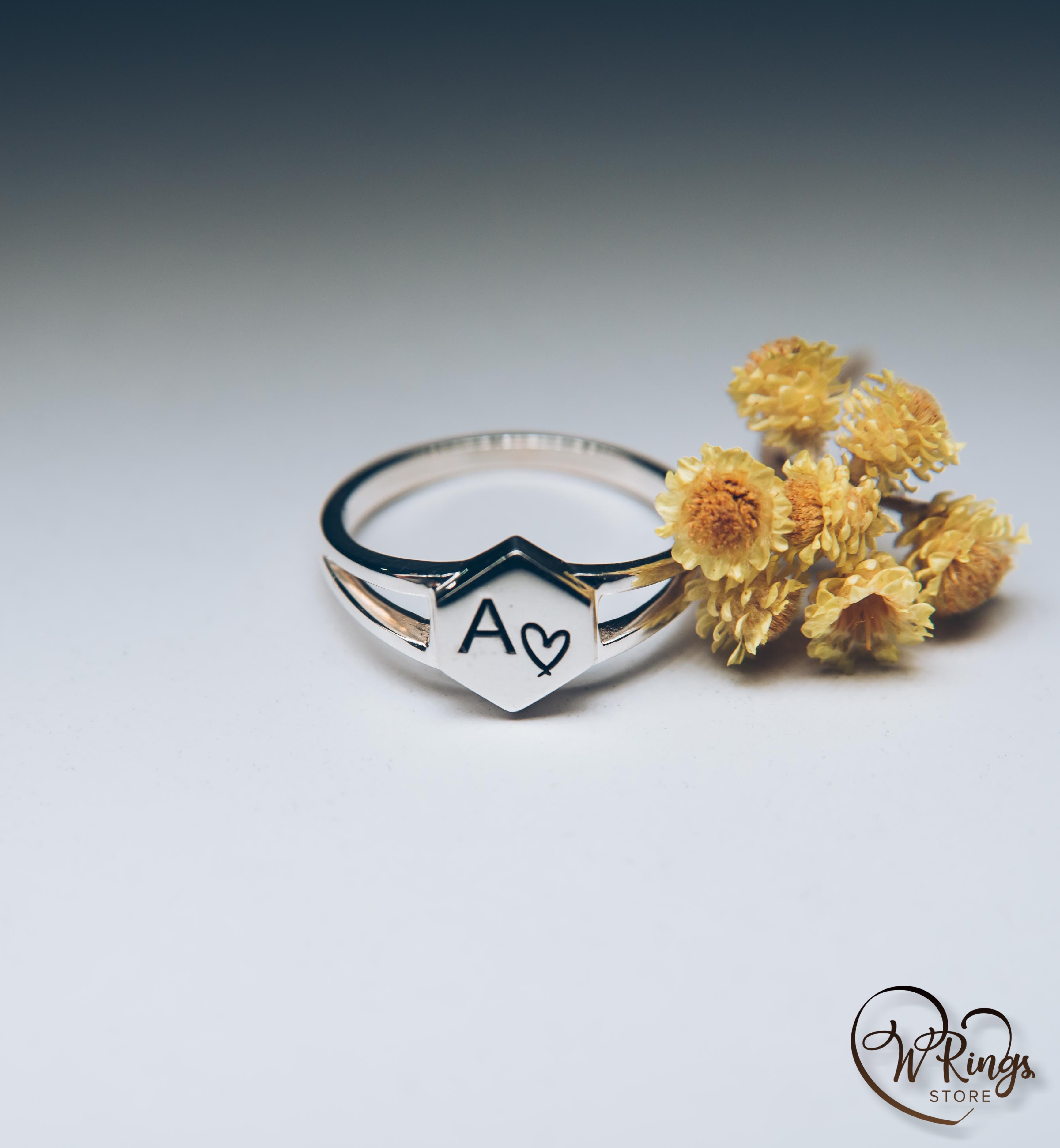Personalized Women's Silver Hexagon Signet Ring Letter A & Heart