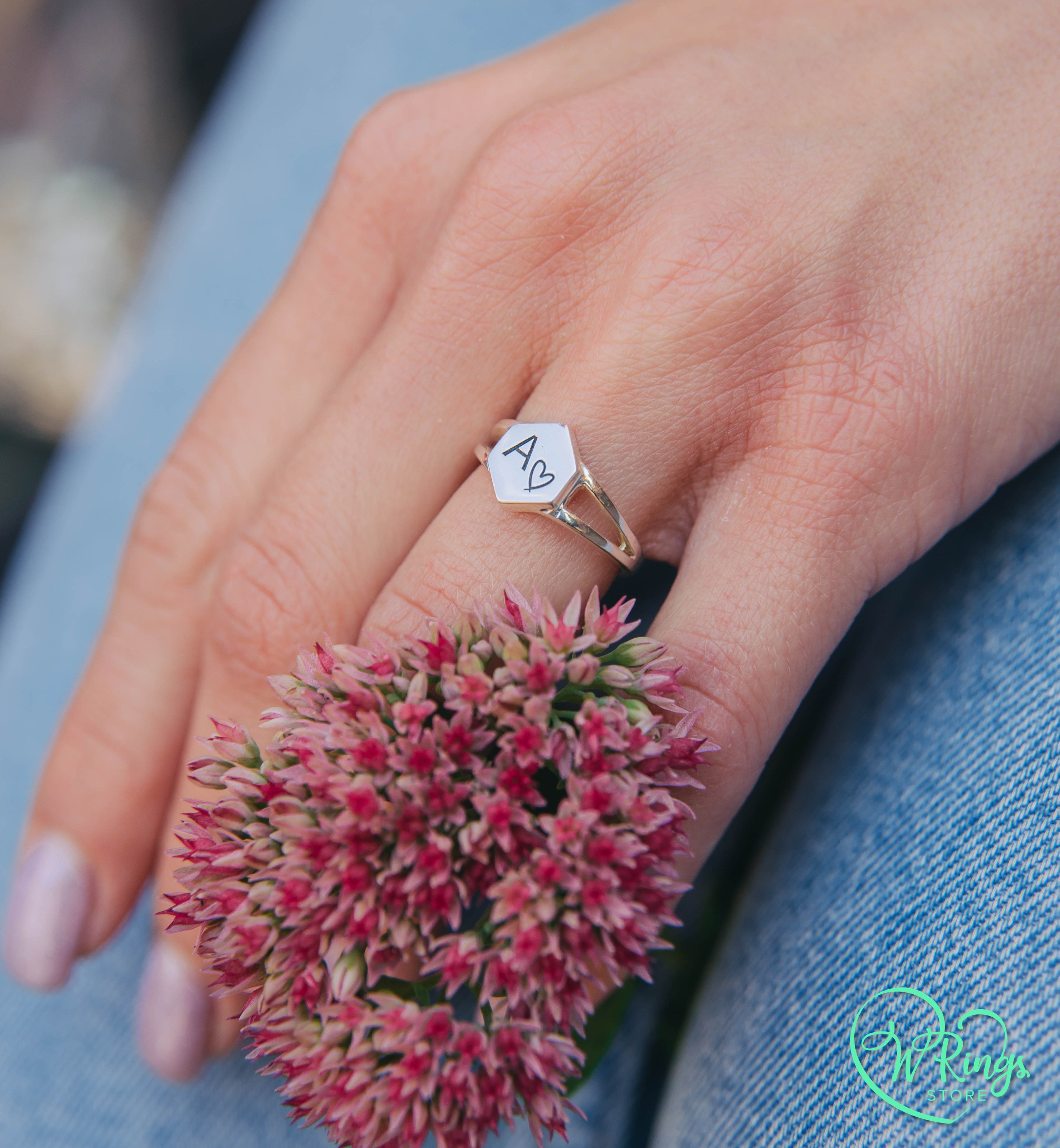 Personalized Women's Silver Hexagon Signet Ring Letter A & Heart