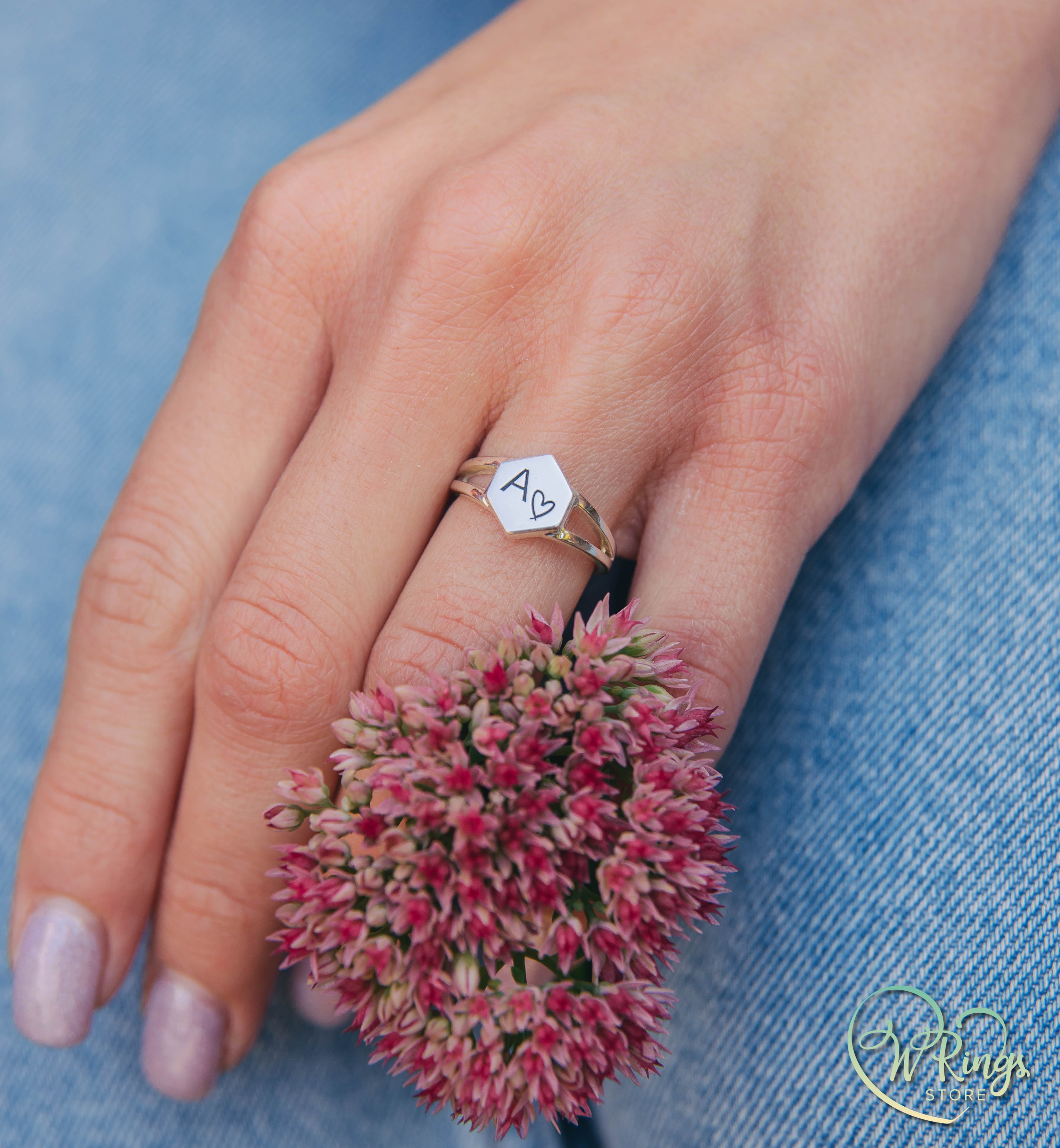 Personalized Women's Silver Hexagon Signet Ring Letter A & Heart