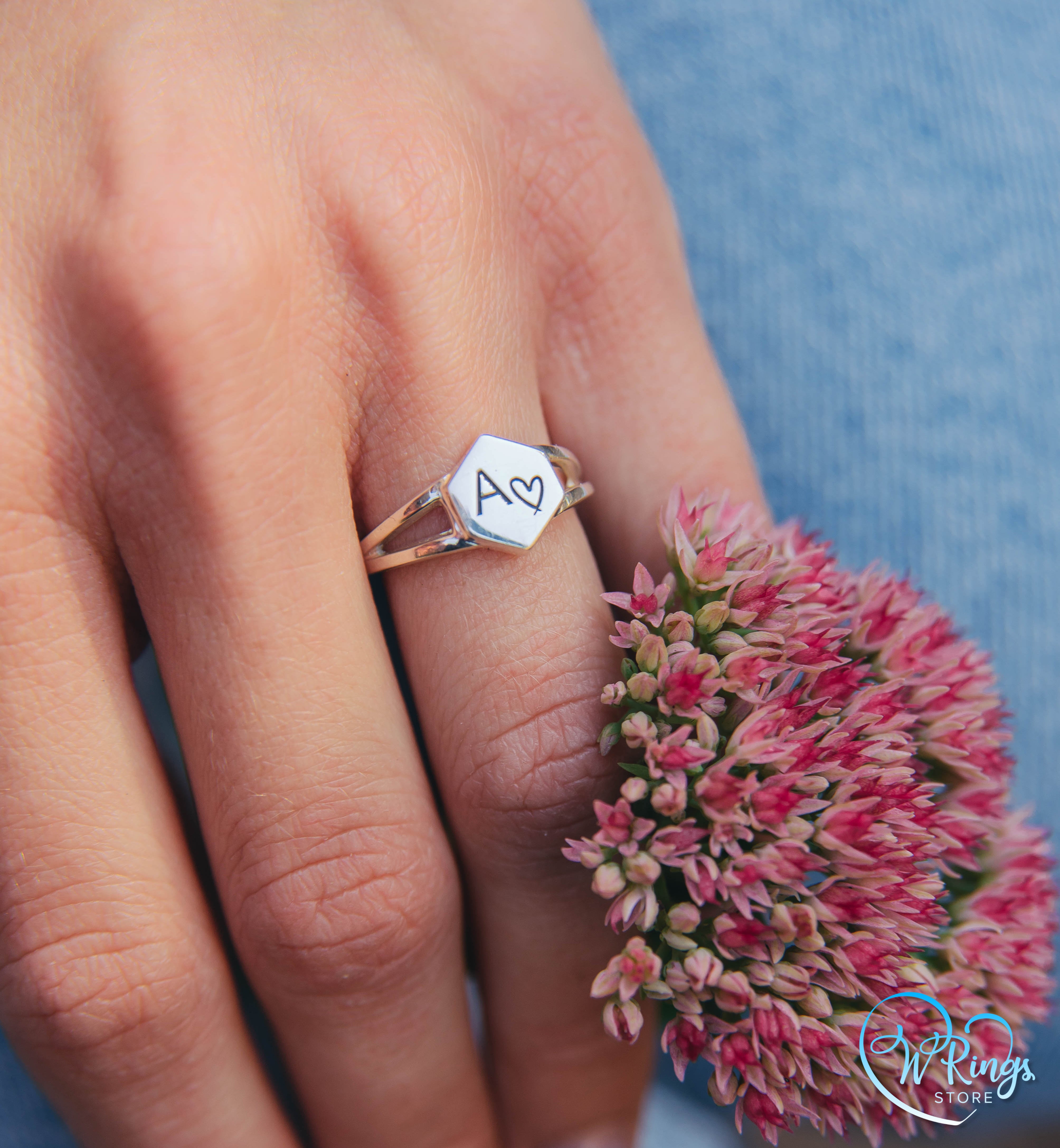 Personalized Women's Silver Hexagon Signet Ring Letter A & Heart