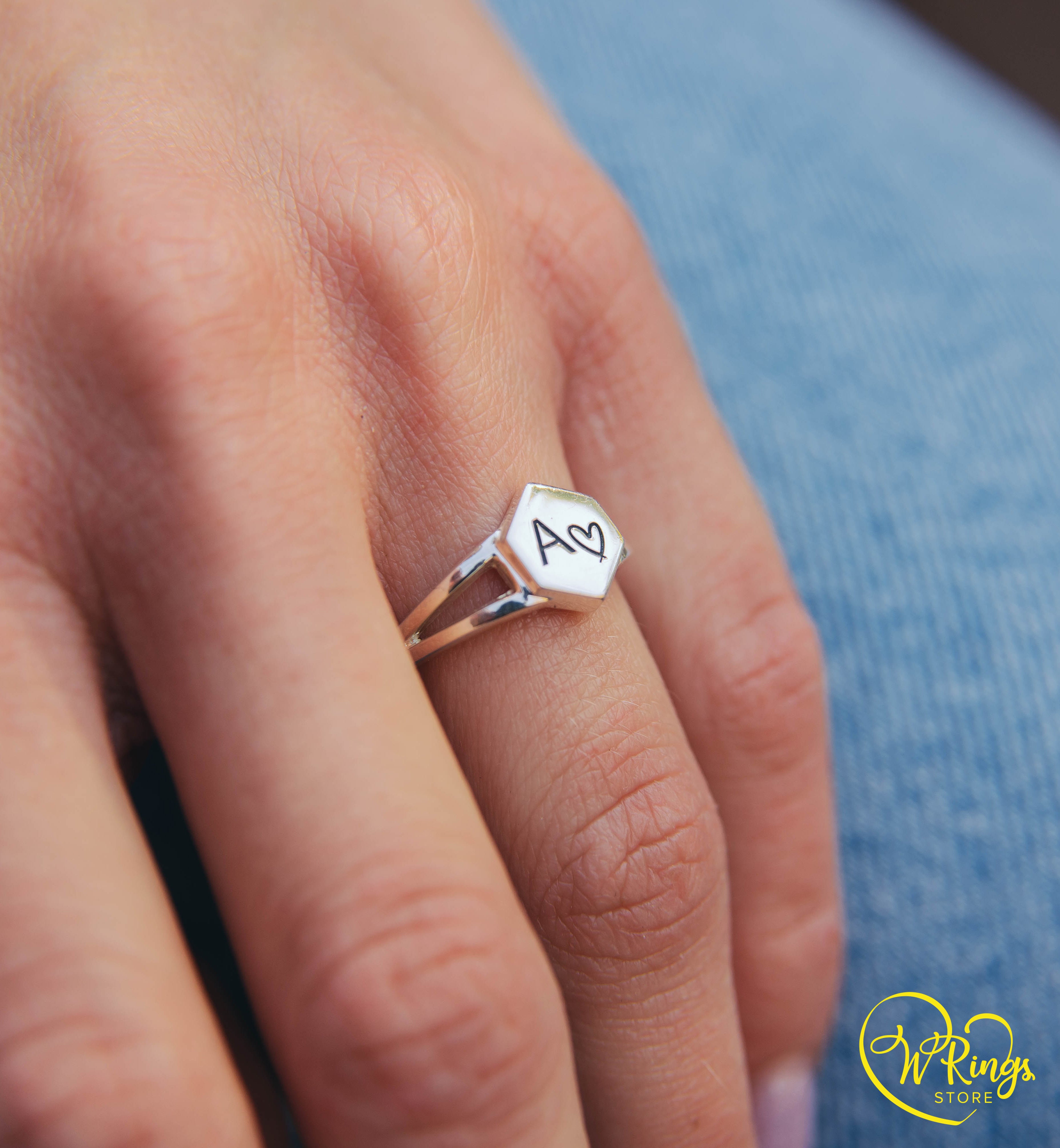 Personalized Women's Silver Hexagon Signet Ring Letter A & Heart