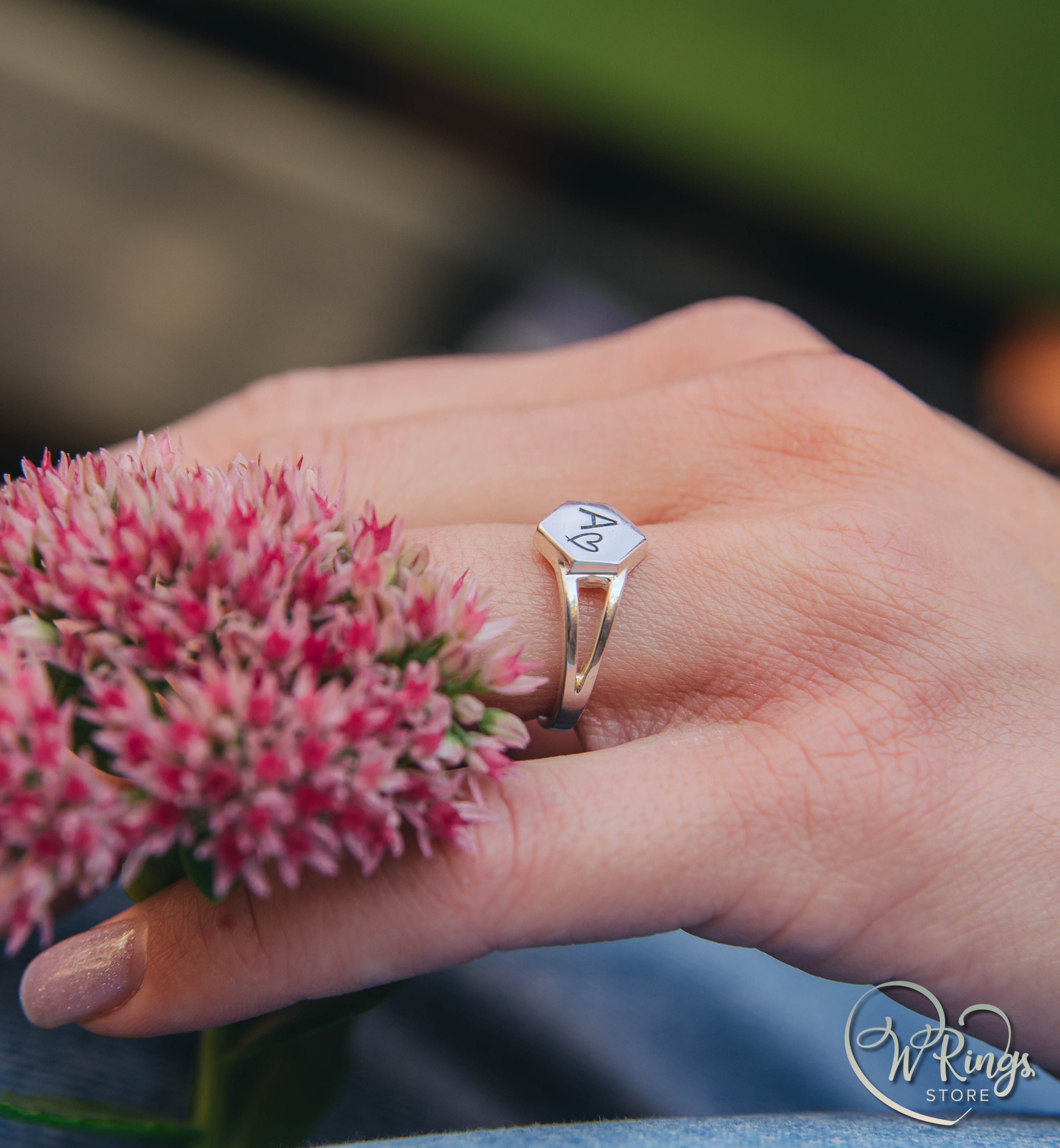 Personalized Women's Silver Hexagon Signet Ring Letter A & Heart