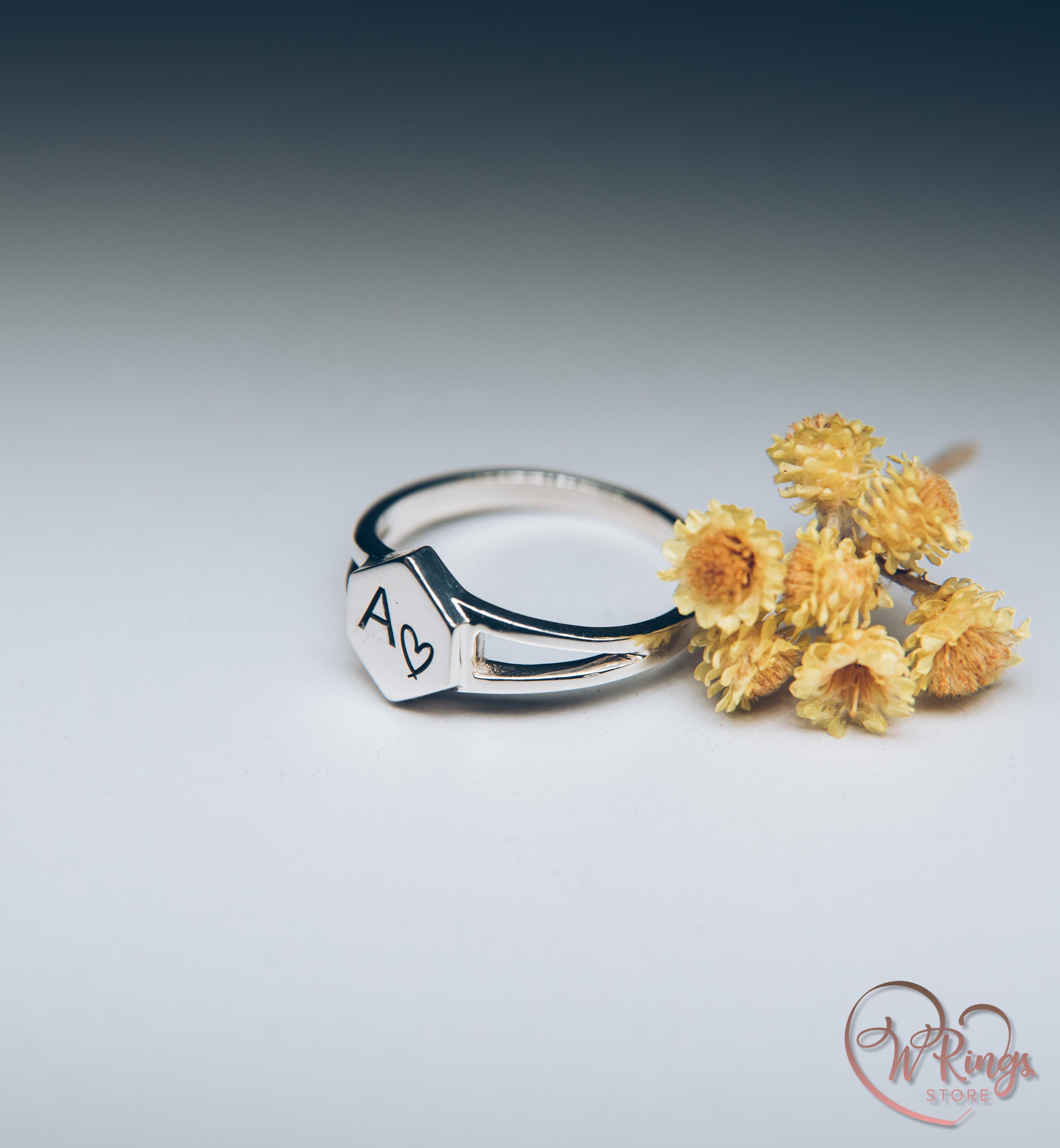 Personalized Women's Silver Hexagon Signet Ring Letter A & Heart