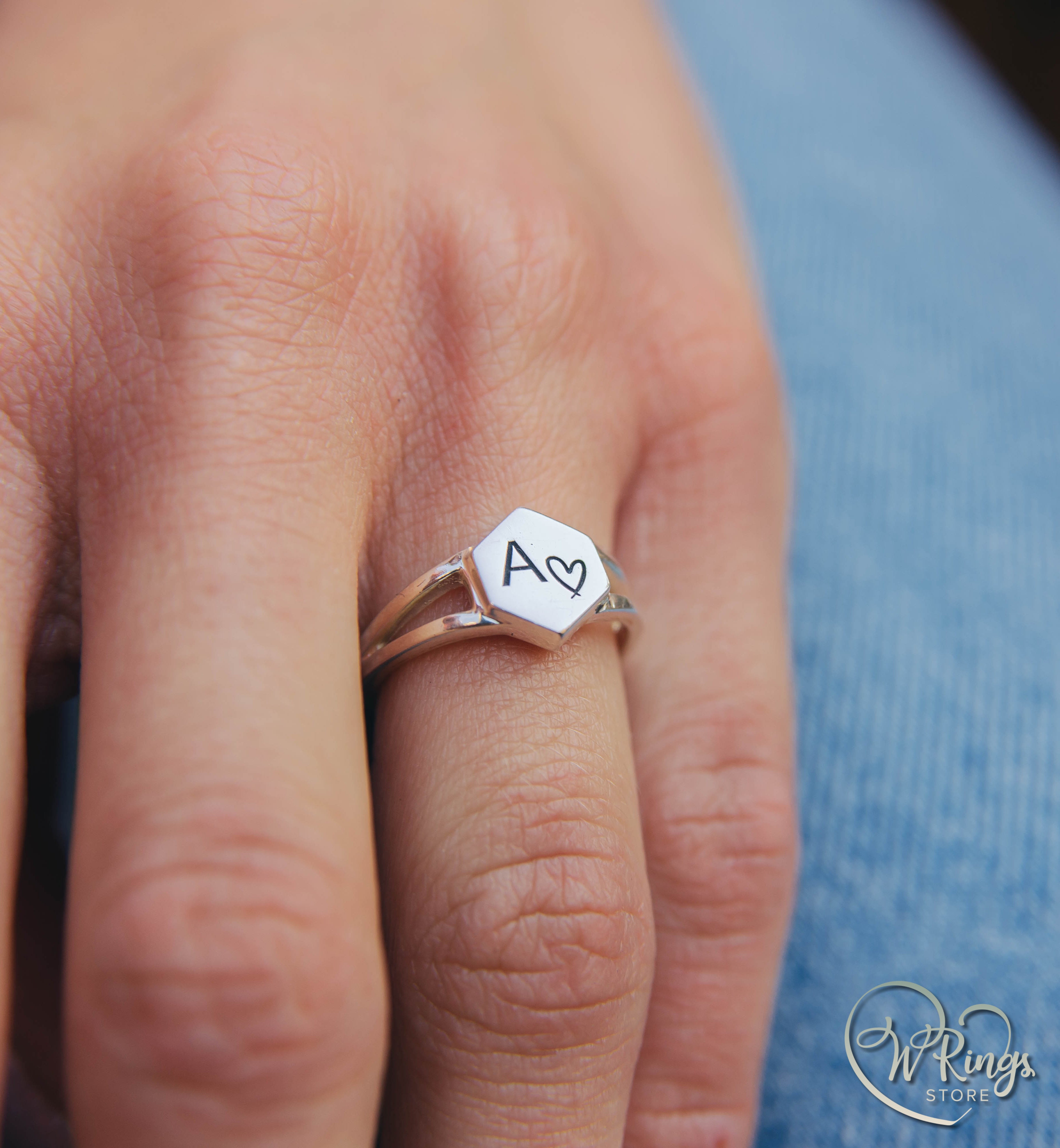 Personalized Women's Silver Hexagon Signet Ring Letter A & Heart