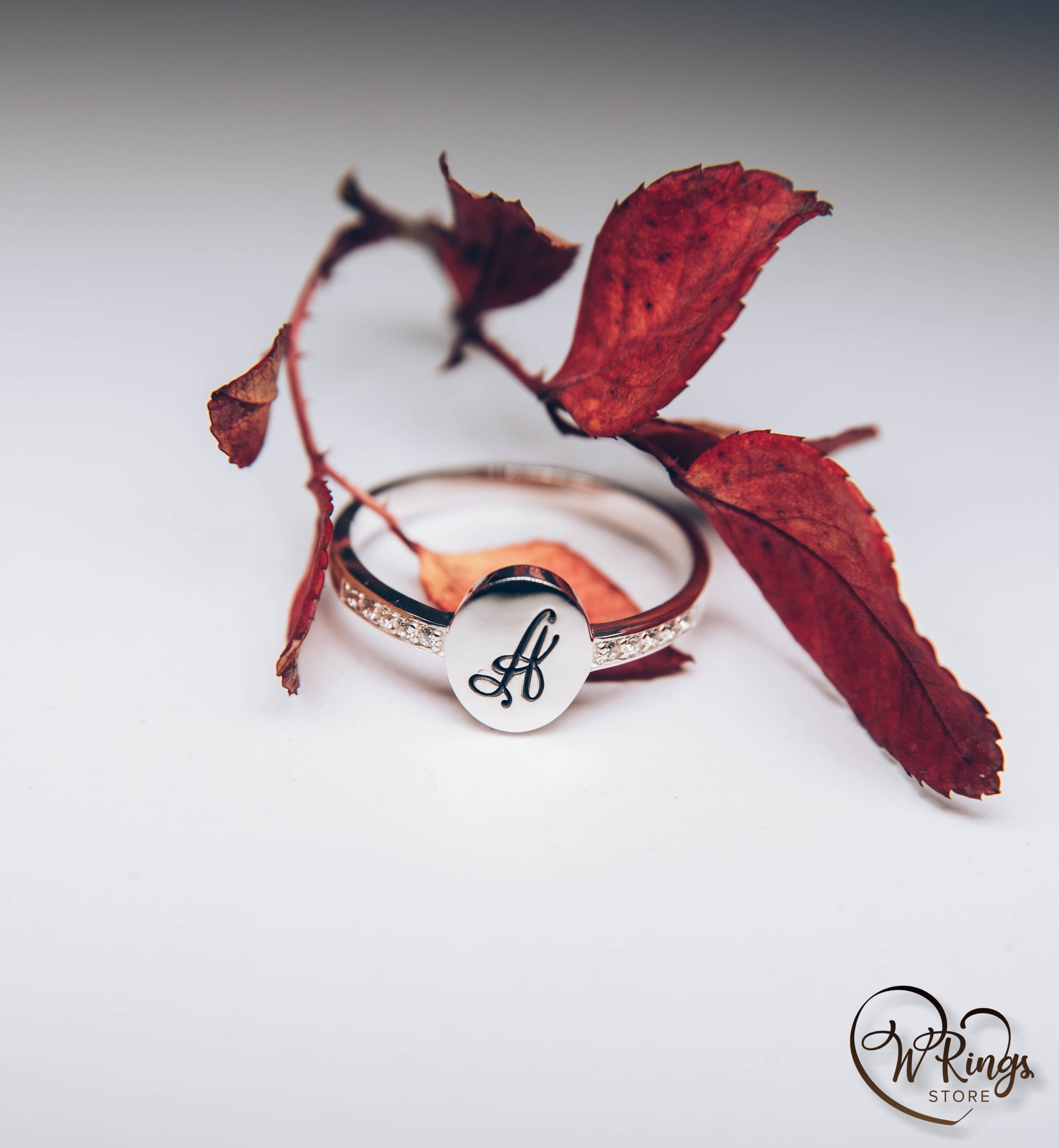 Personalized Women's Silver Oval Signet Ring Letter A & Side CZ Stones