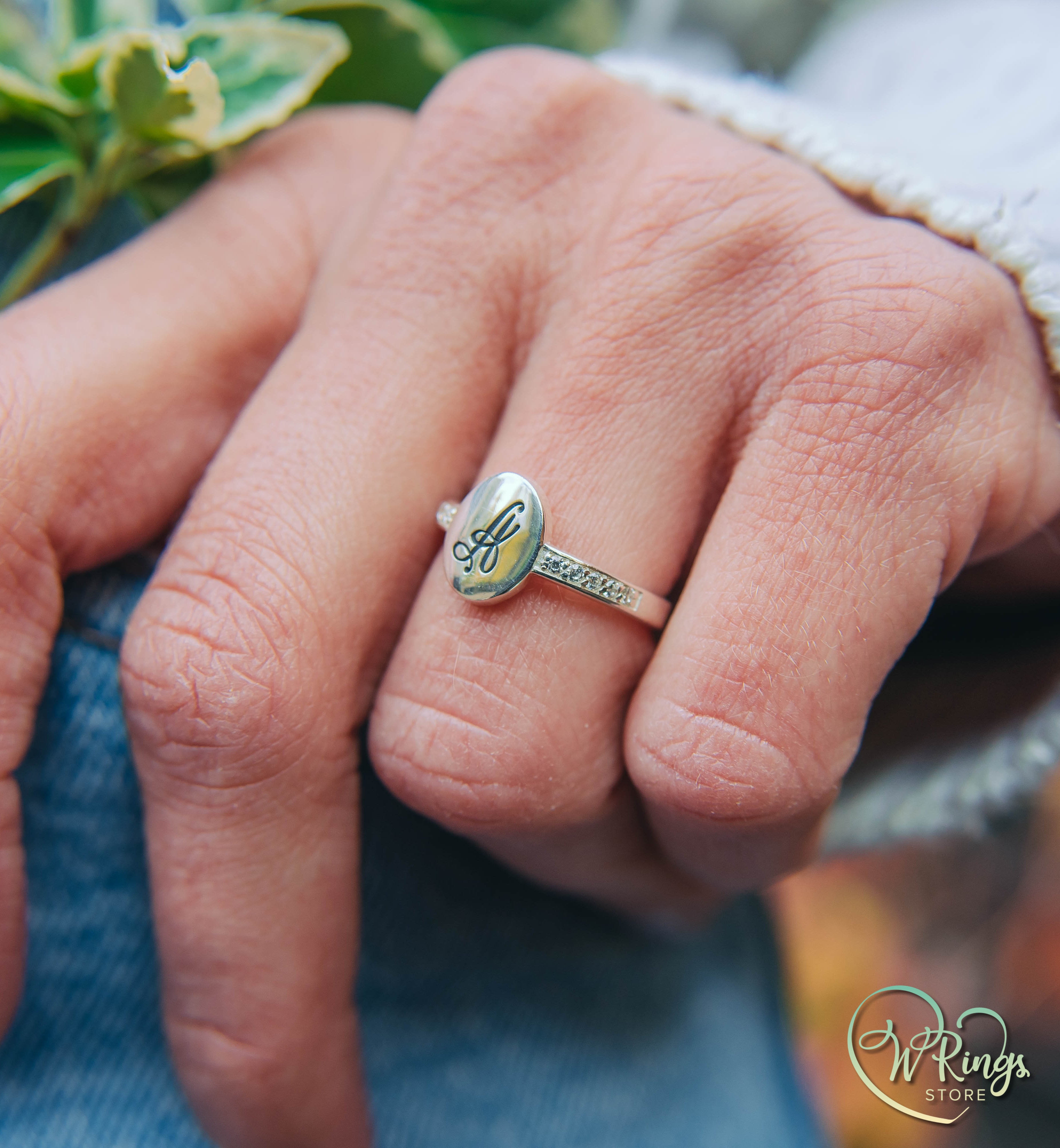 Personalized Women's Silver Oval Signet Ring Letter A & Side CZ Stones