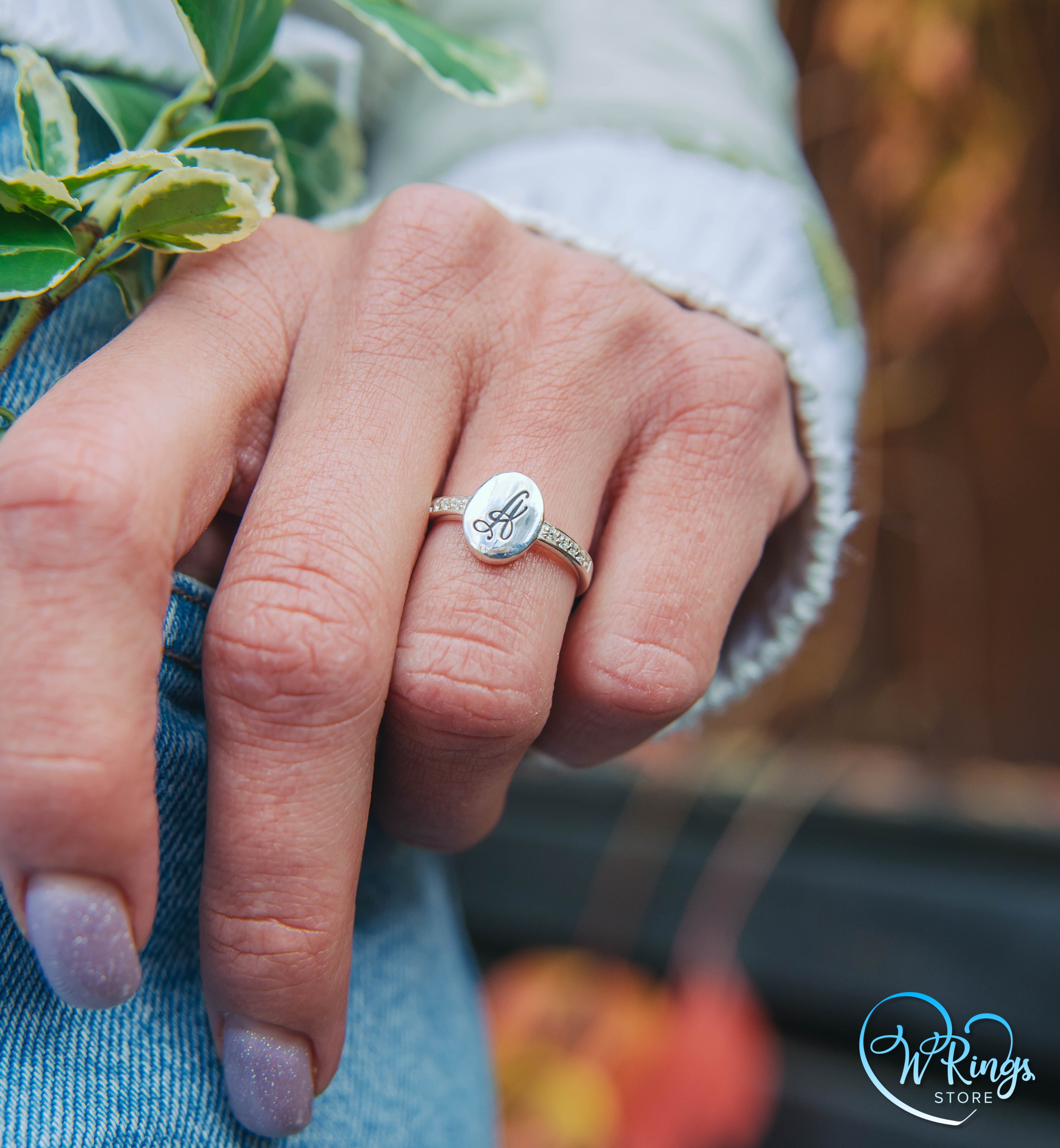 Personalized Women's Silver Oval Signet Ring Letter A & Side CZ Stones