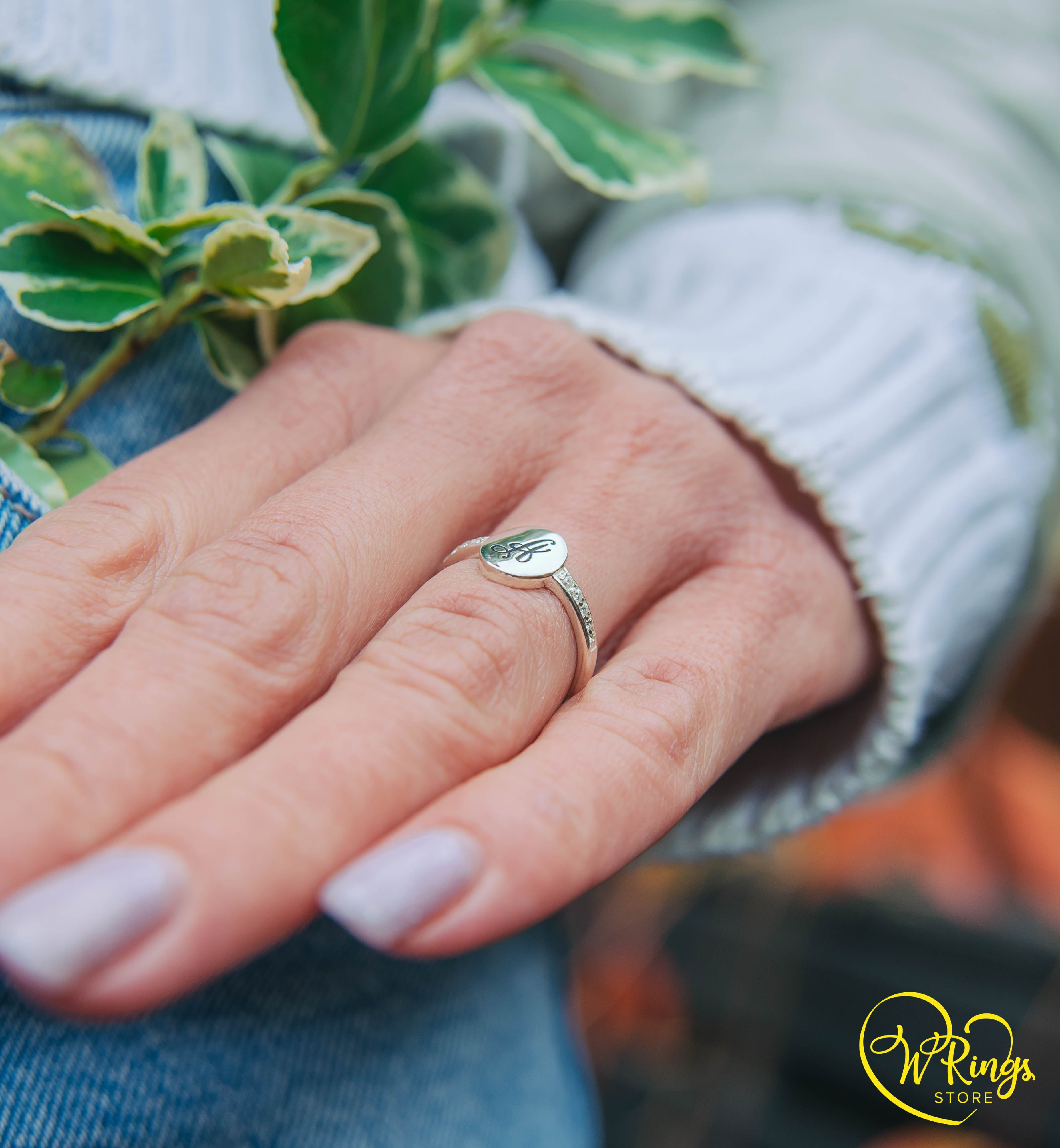 Personalized Women's Silver Oval Signet Ring Letter A & Side CZ Stones