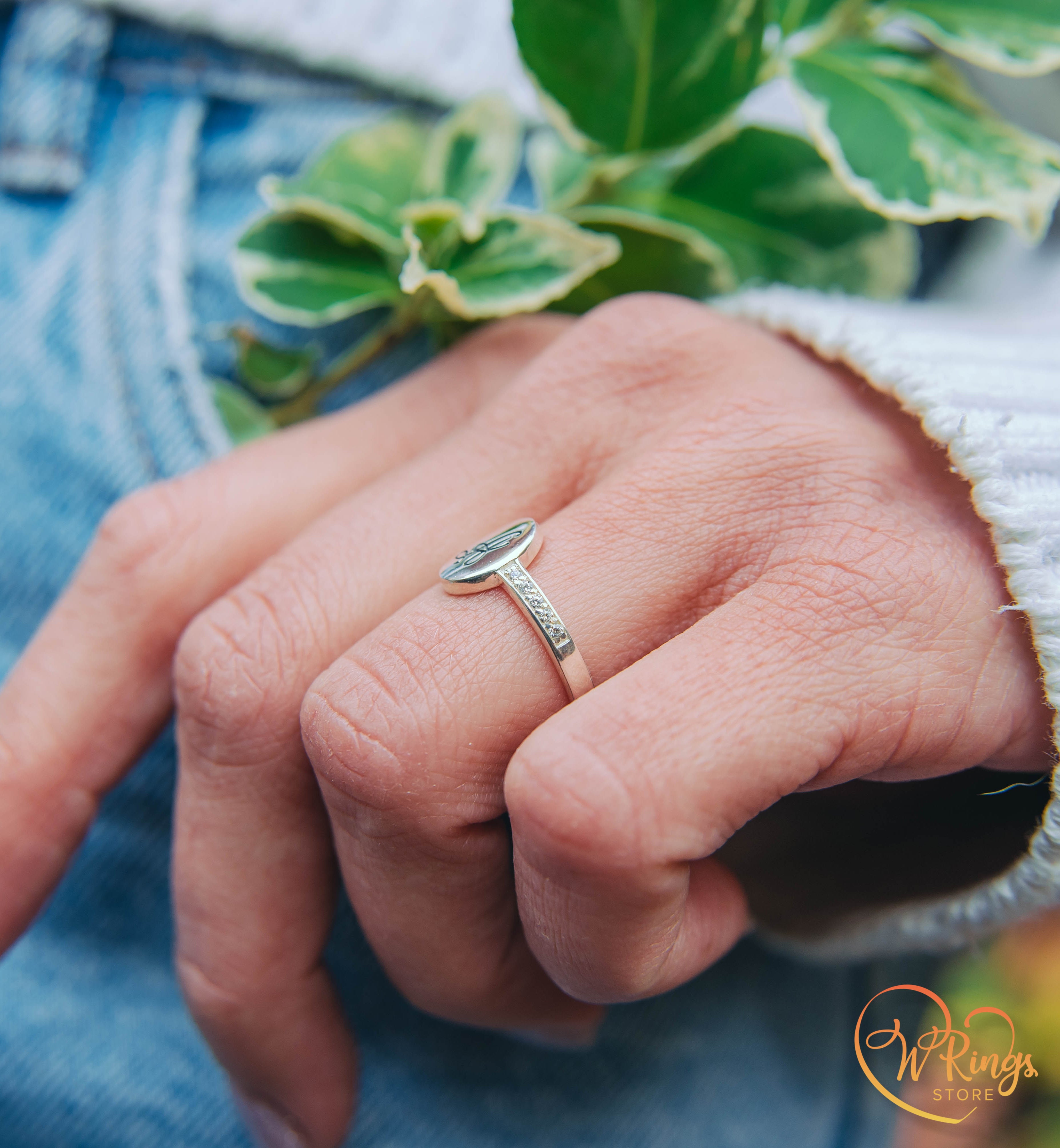 Personalized Women's Silver Oval Signet Ring Letter A & Side CZ Stones