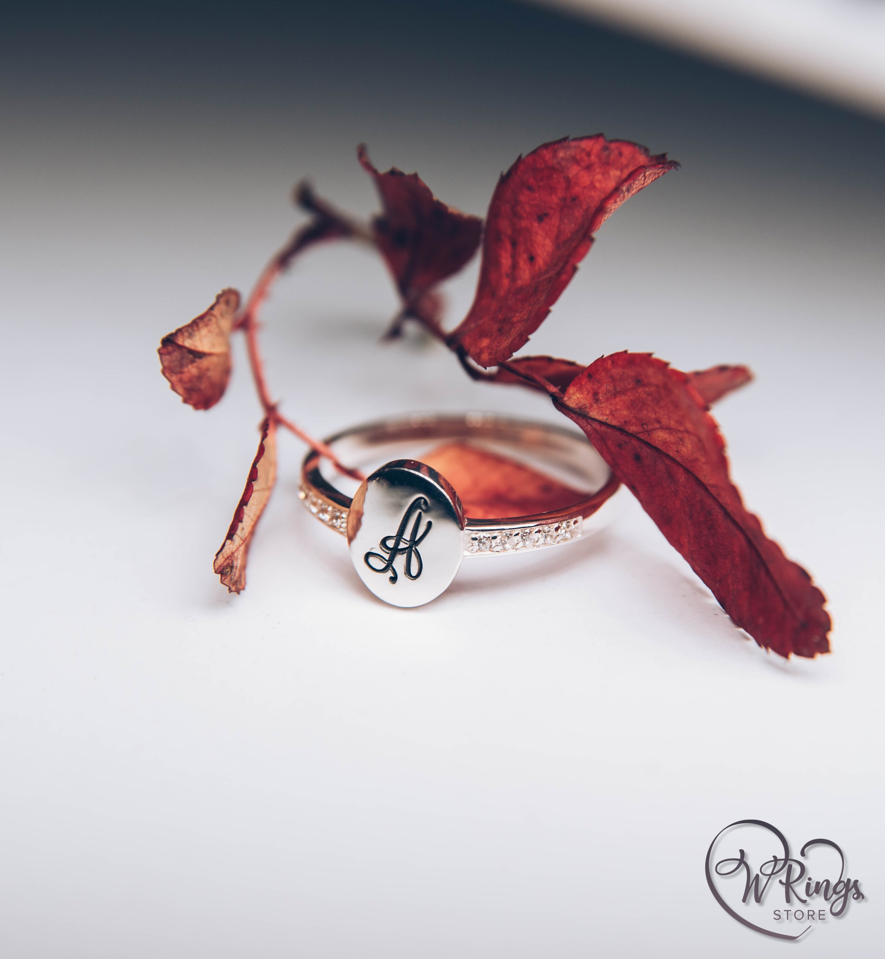 Personalized Women's Silver Oval Signet Ring Letter A & Side CZ Stones