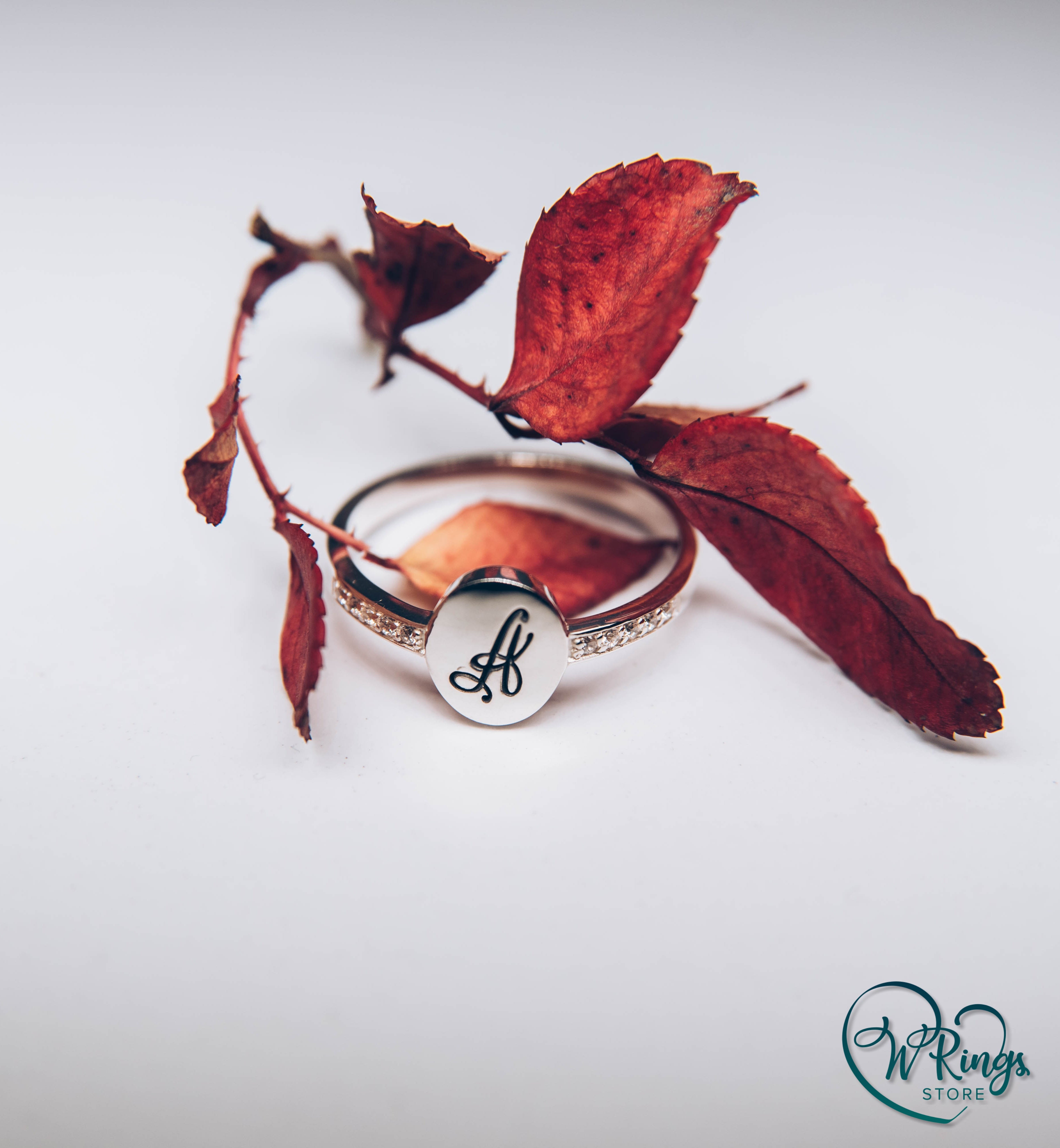 Personalized Women's Silver Oval Signet Ring Letter A & Side CZ Stones