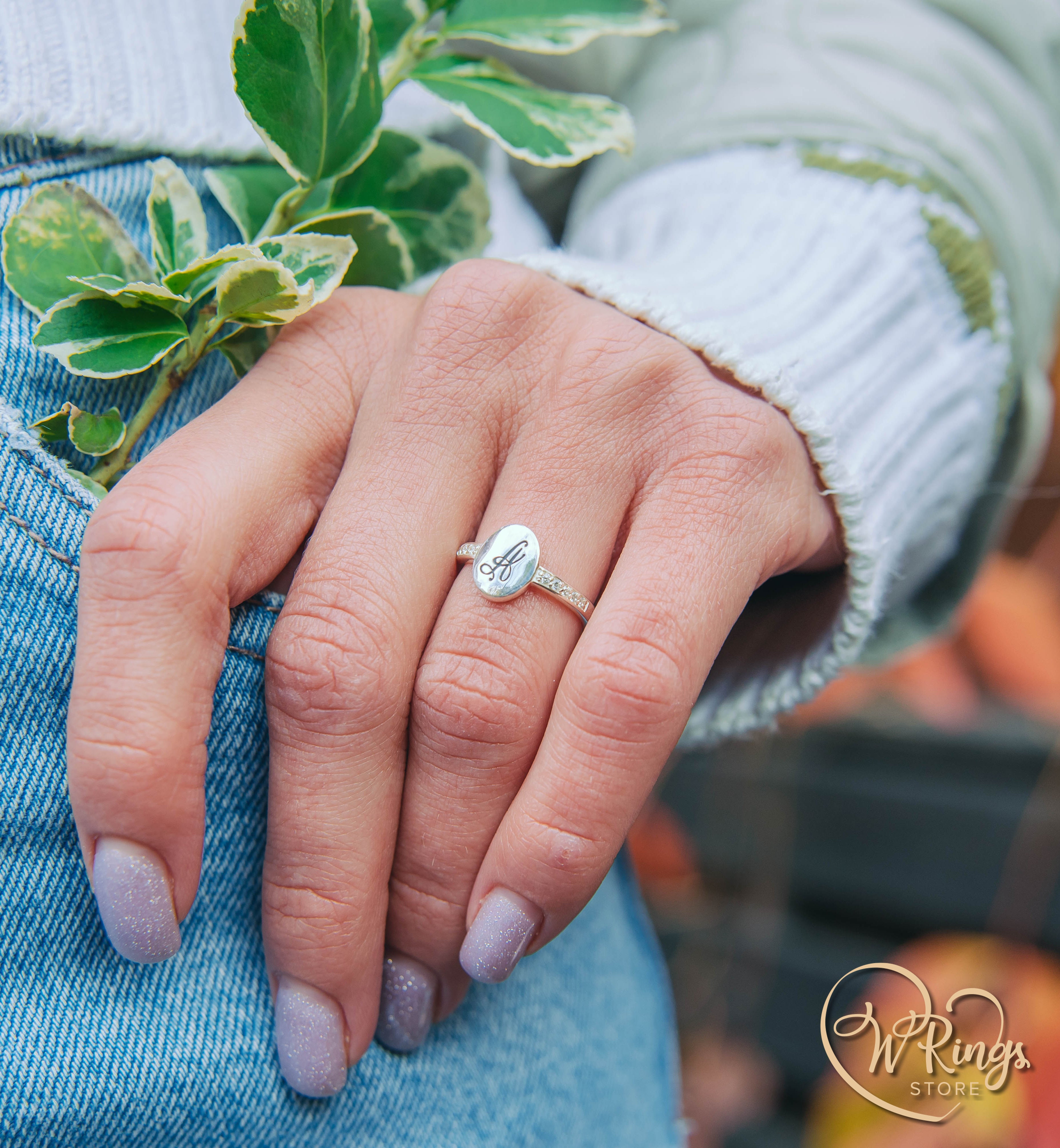 Personalized Women's Silver Oval Signet Ring Letter A & Side CZ Stones