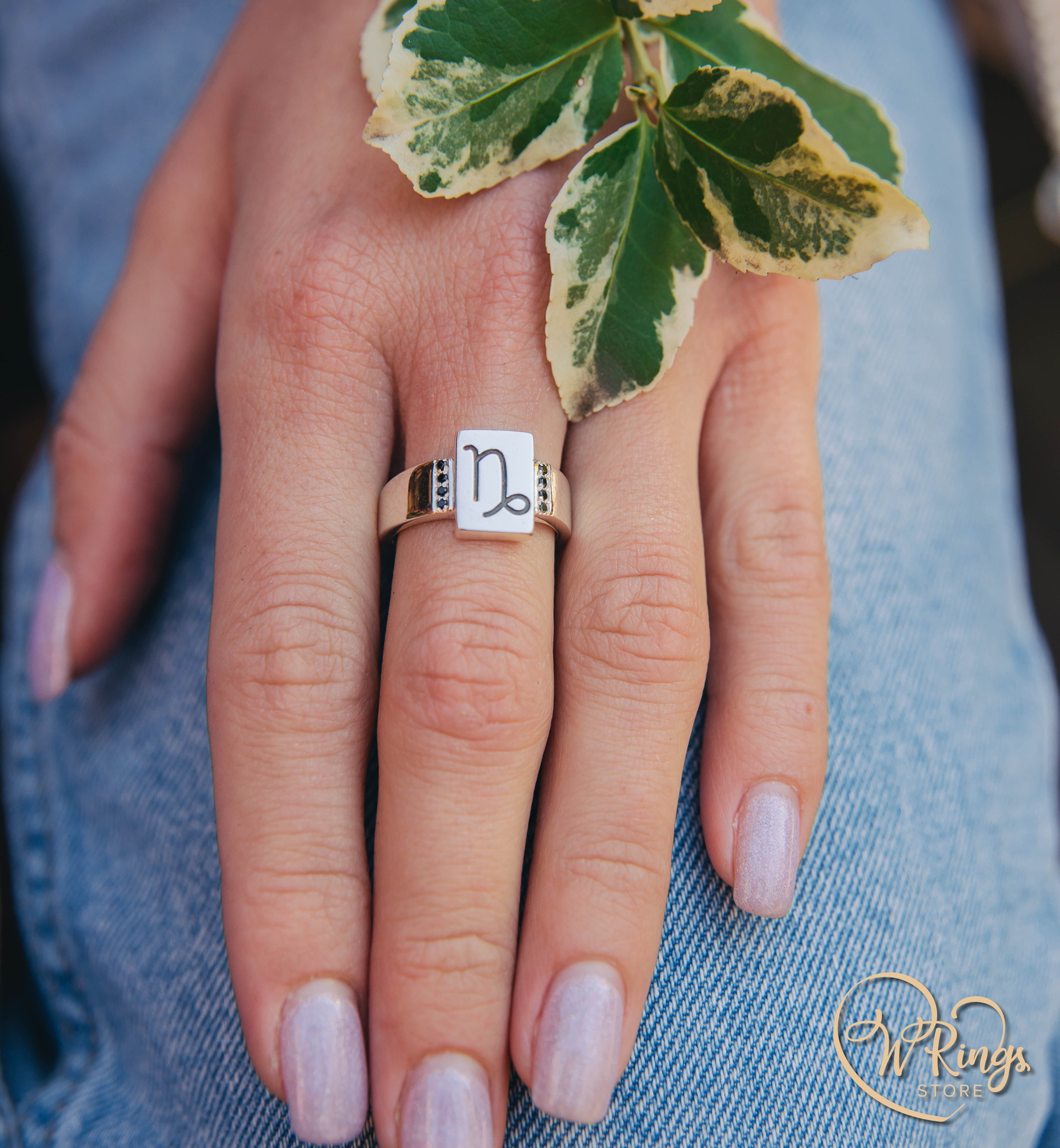 Rectangle Shape Capricorn Signet Ring in Silver & Side Sapphires
