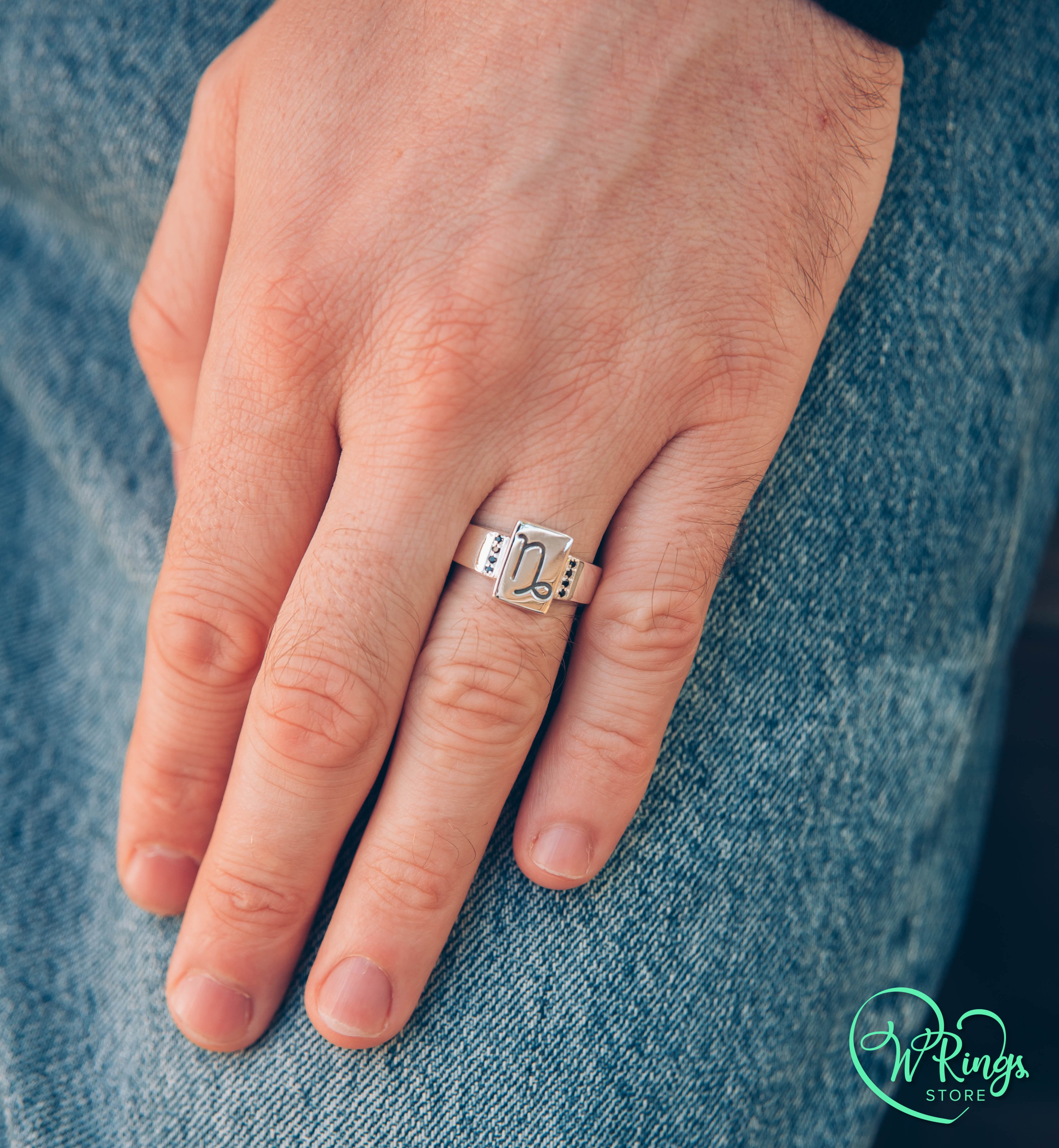 Rectangle Shape Capricorn Signet Ring in Silver & Side Sapphires