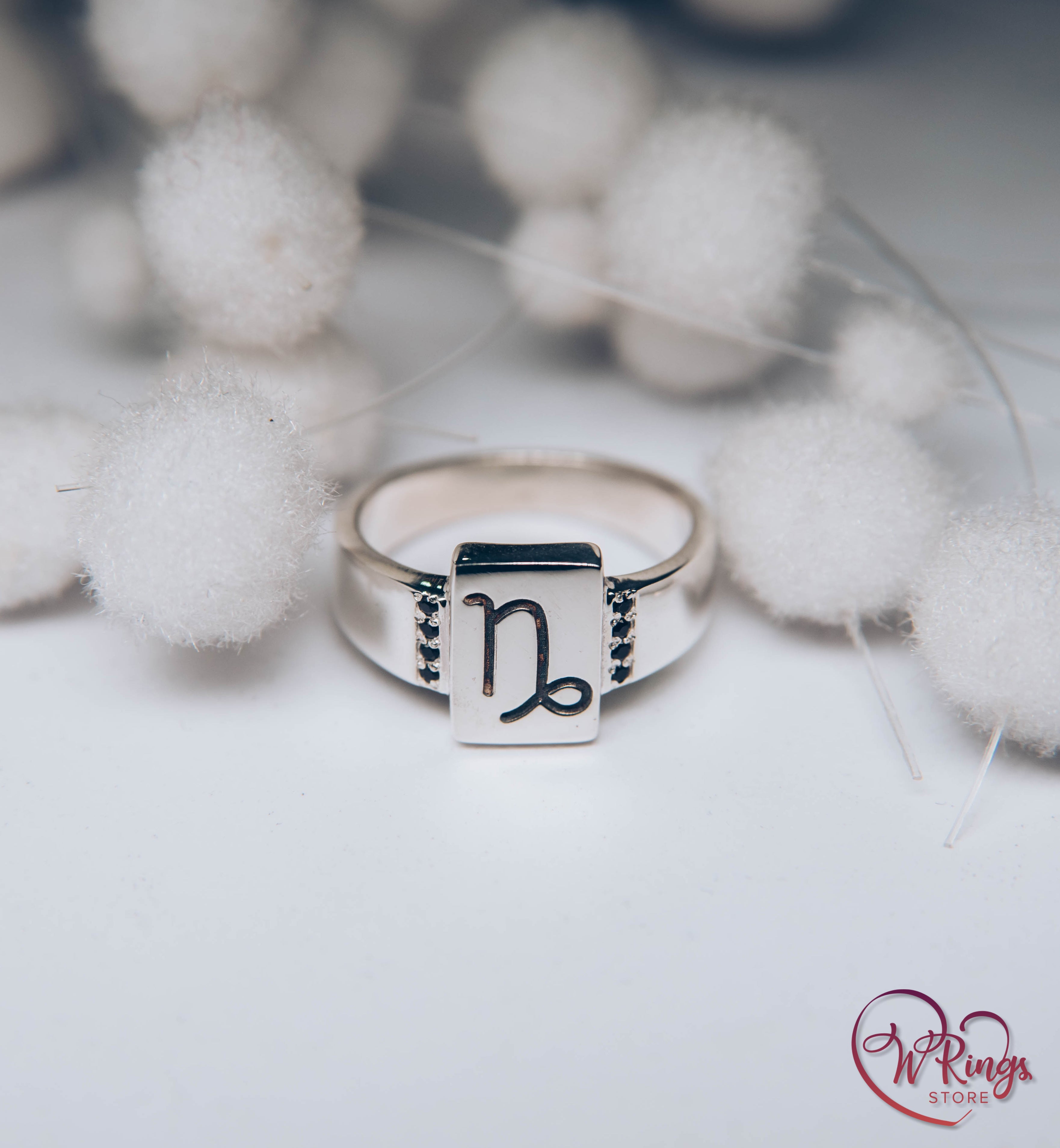 Rectangle Shape Capricorn Signet Ring in Silver & Side Sapphires