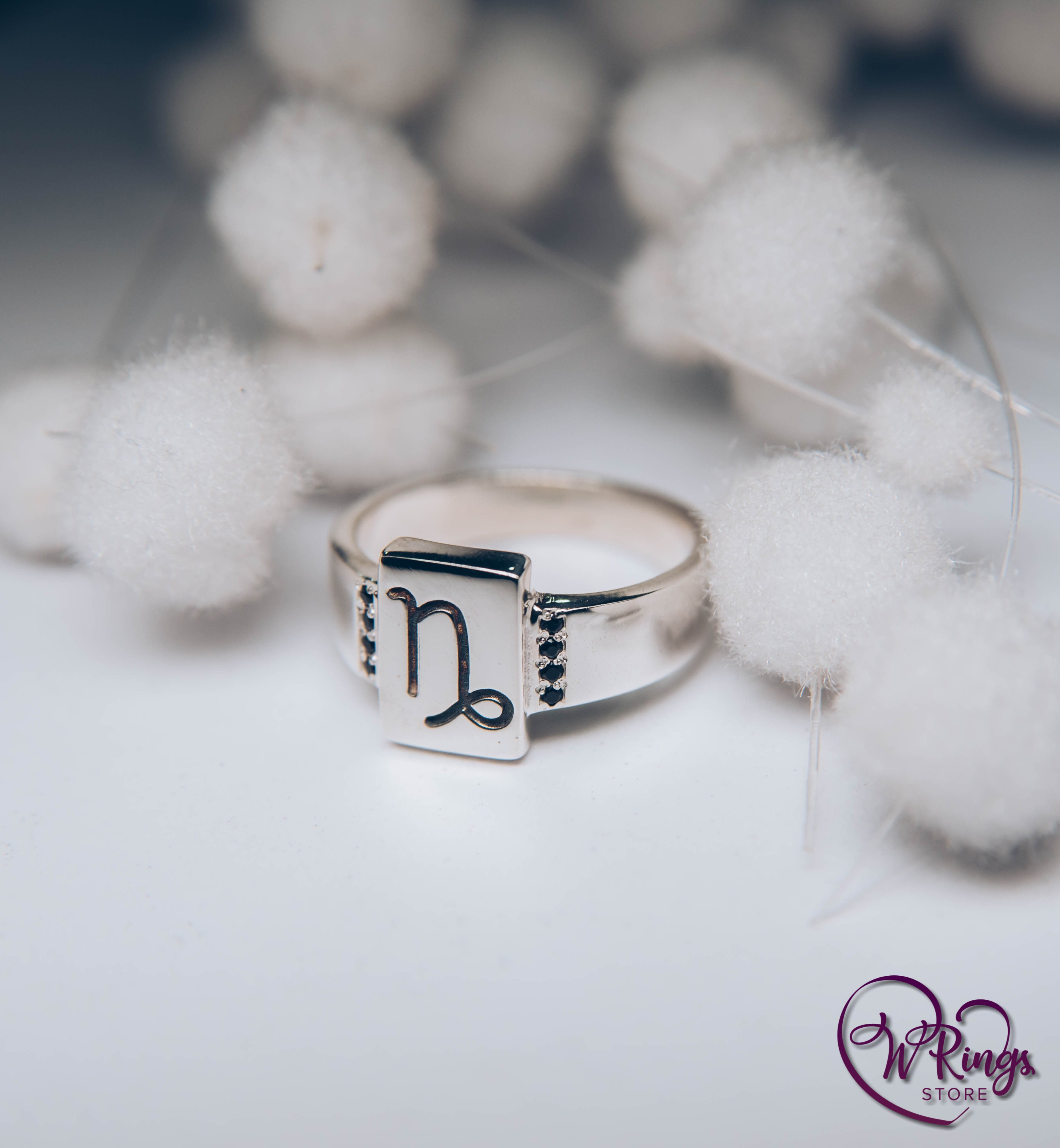 Rectangle Shape Capricorn Signet Ring in Silver & Side Sapphires