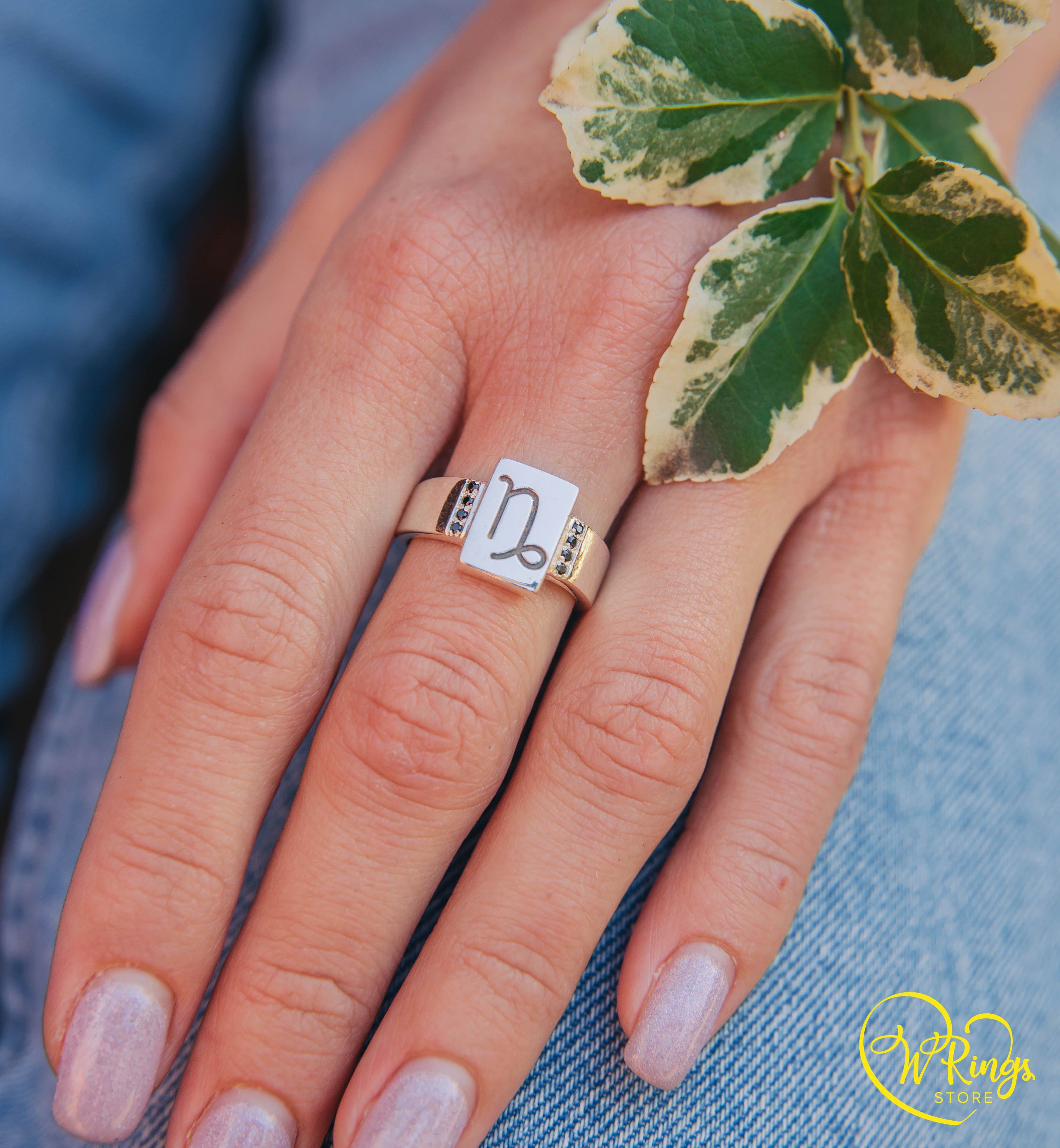 Rectangle Shape Capricorn Signet Ring in Silver & Side Sapphires