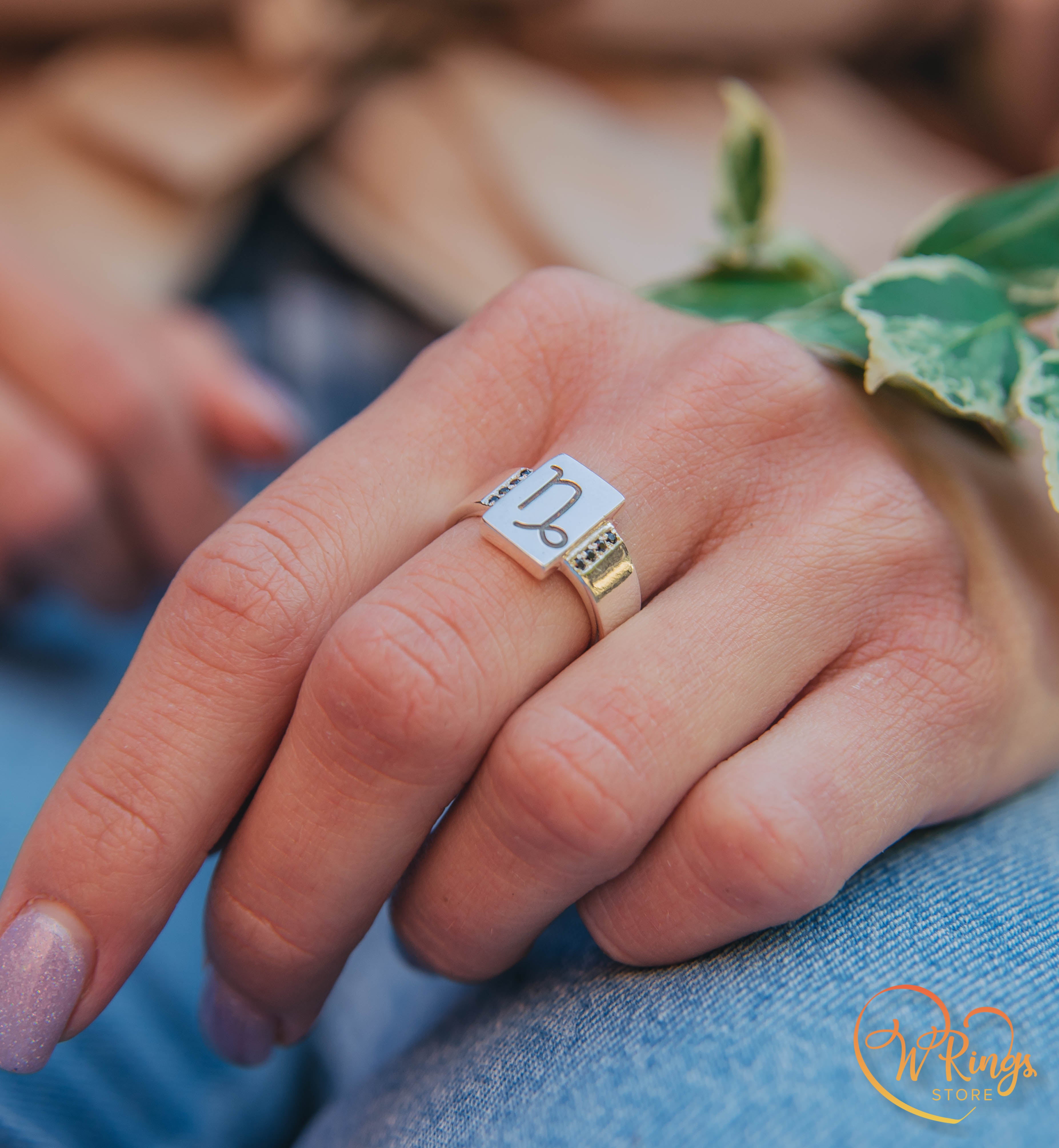 Rectangle Shape Capricorn Signet Ring in Silver & Side Sapphires