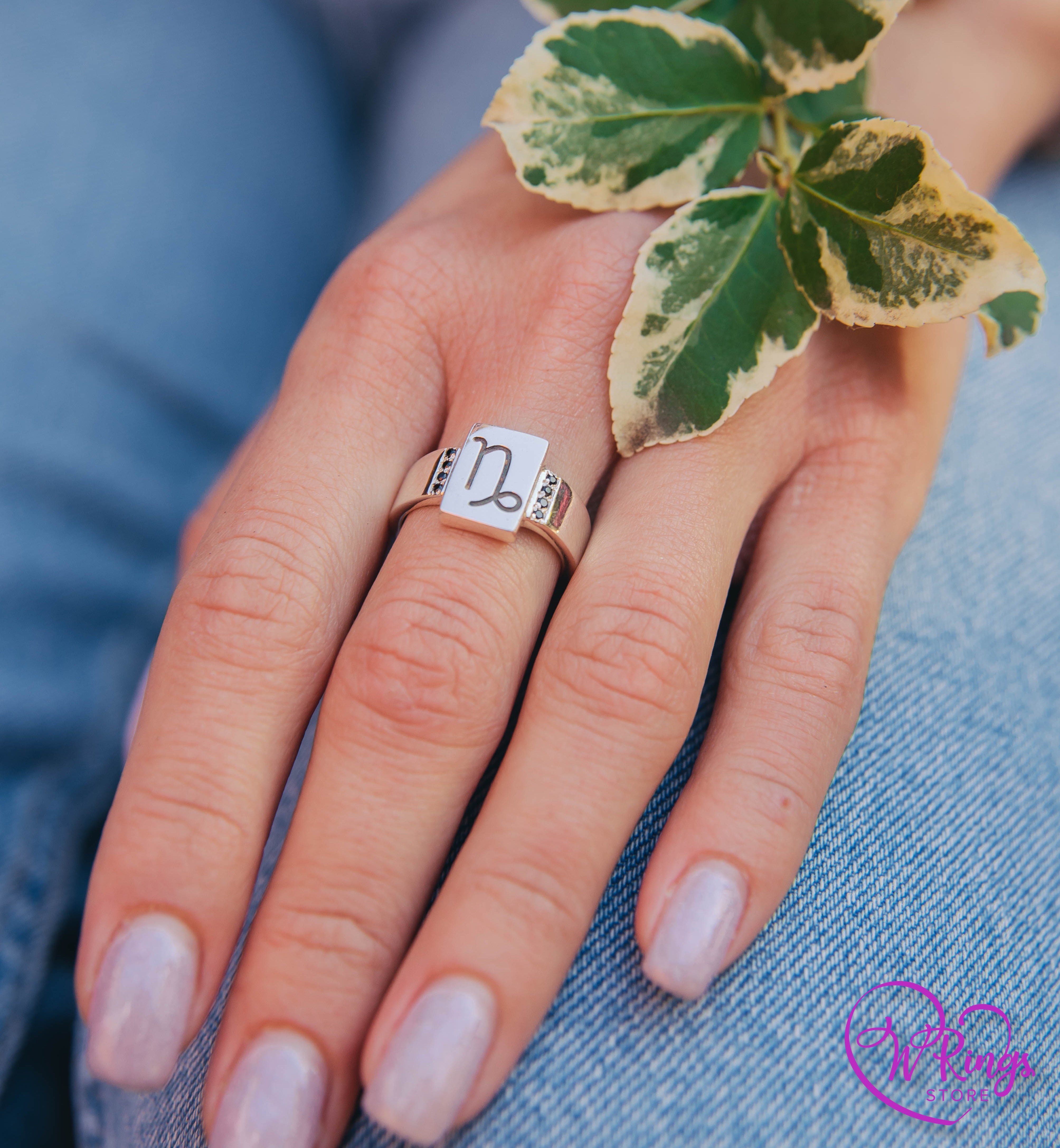 Rectangle Shape Capricorn Signet Ring in Silver & Side Sapphires