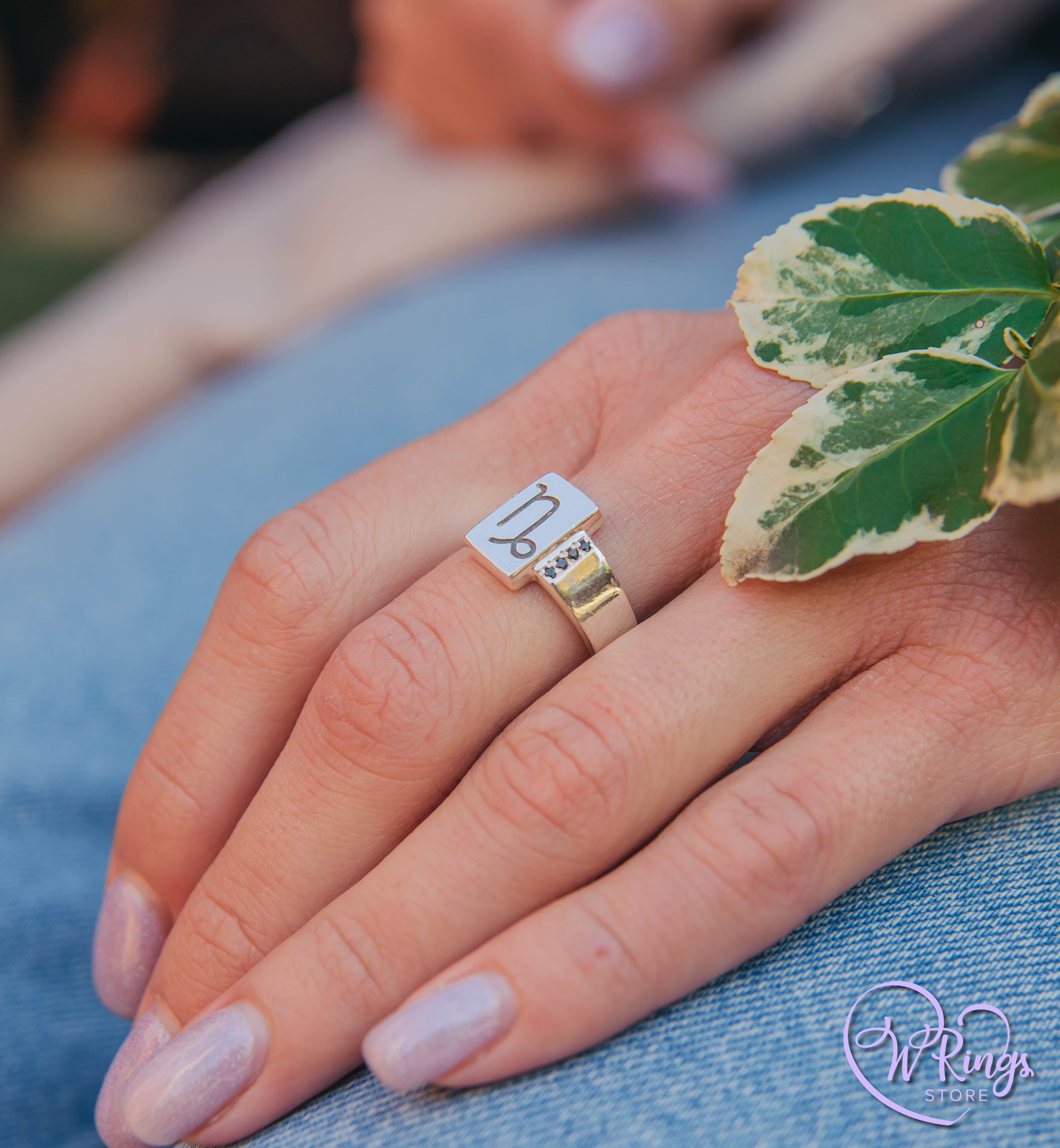 Rectangle Shape Capricorn Signet Ring in Silver & Side Sapphires