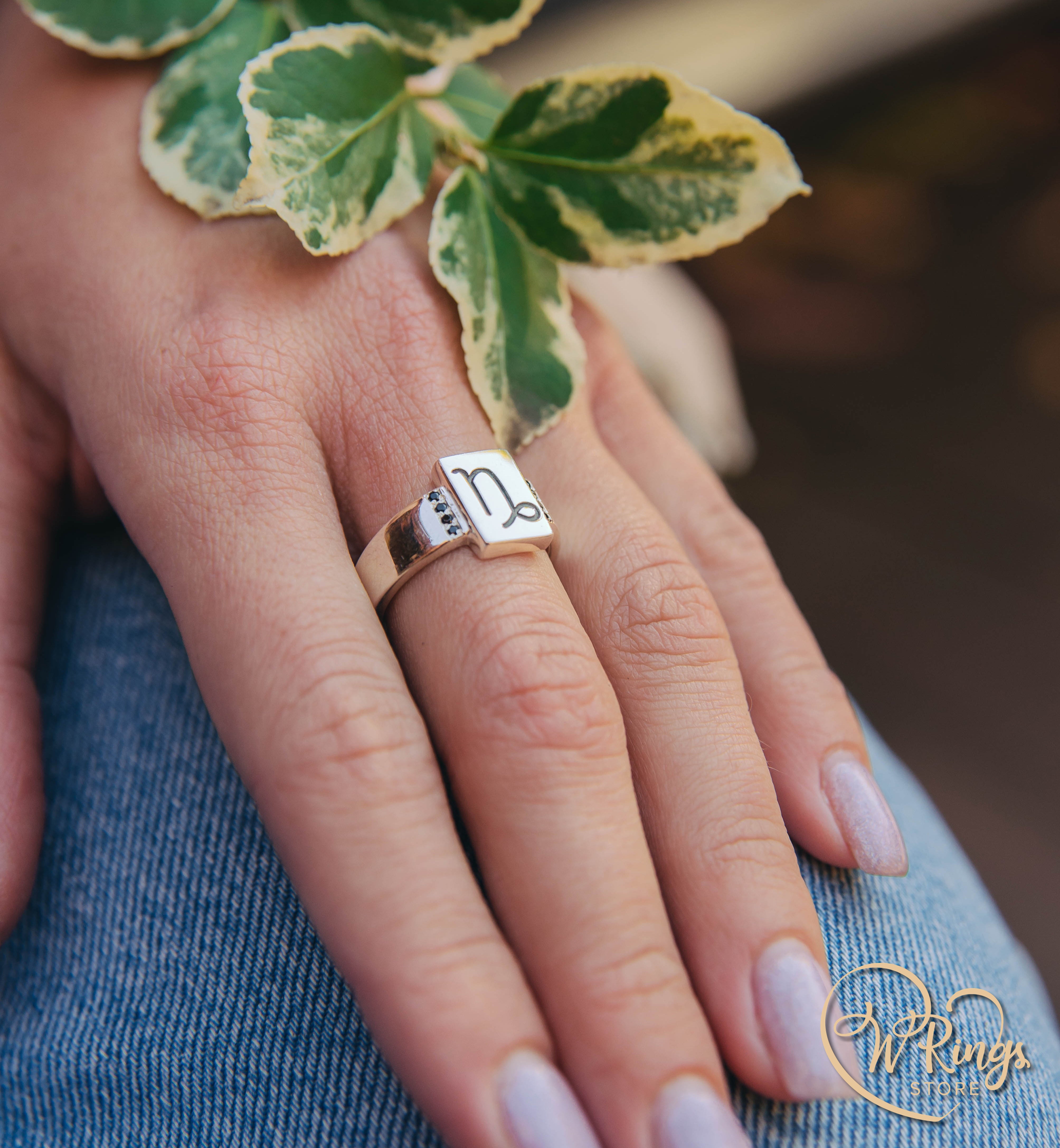 Rectangle Shape Capricorn Signet Ring in Silver & Side Sapphires