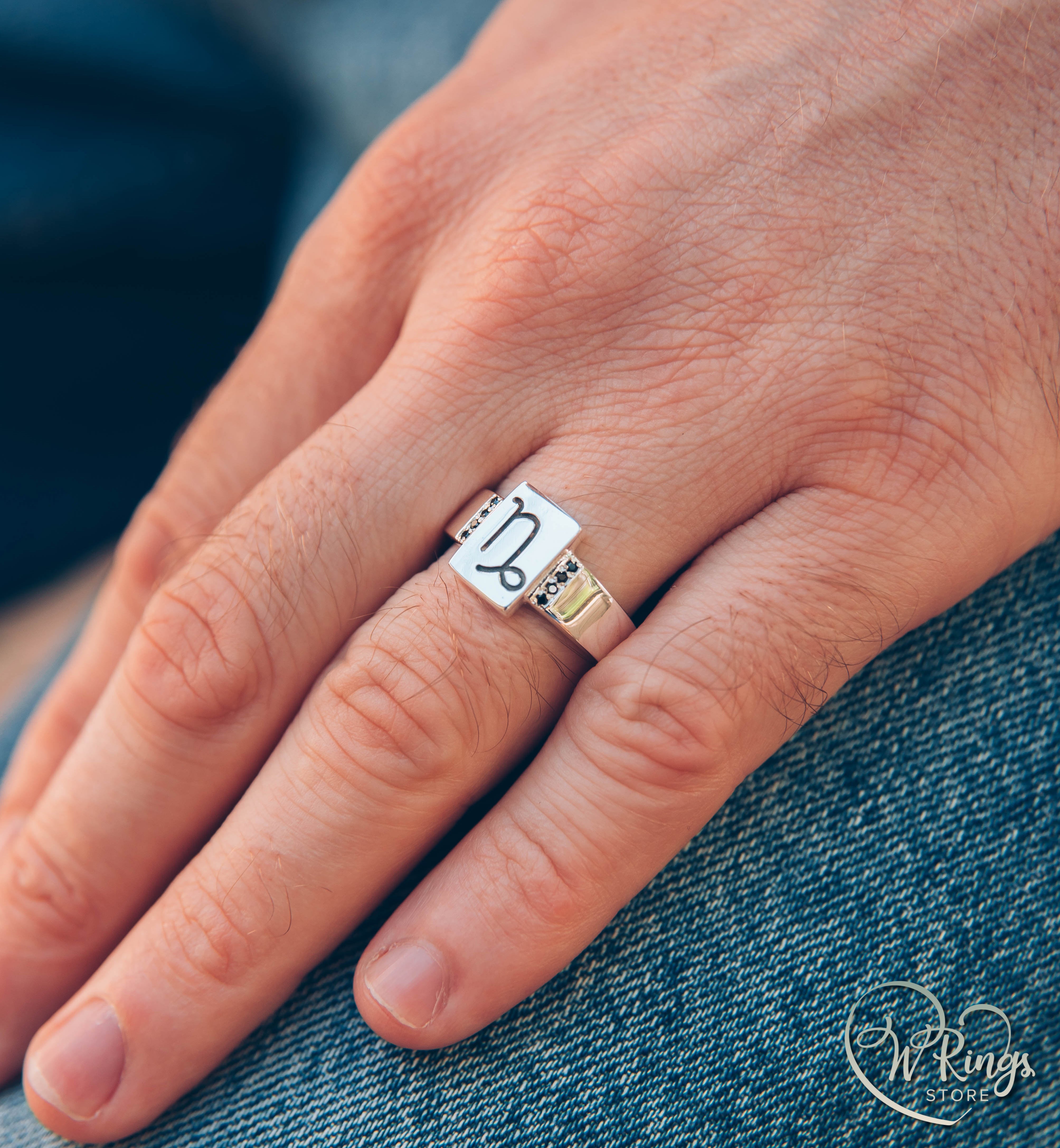 Rectangle Shape Capricorn Signet Ring in Silver & Side Sapphires