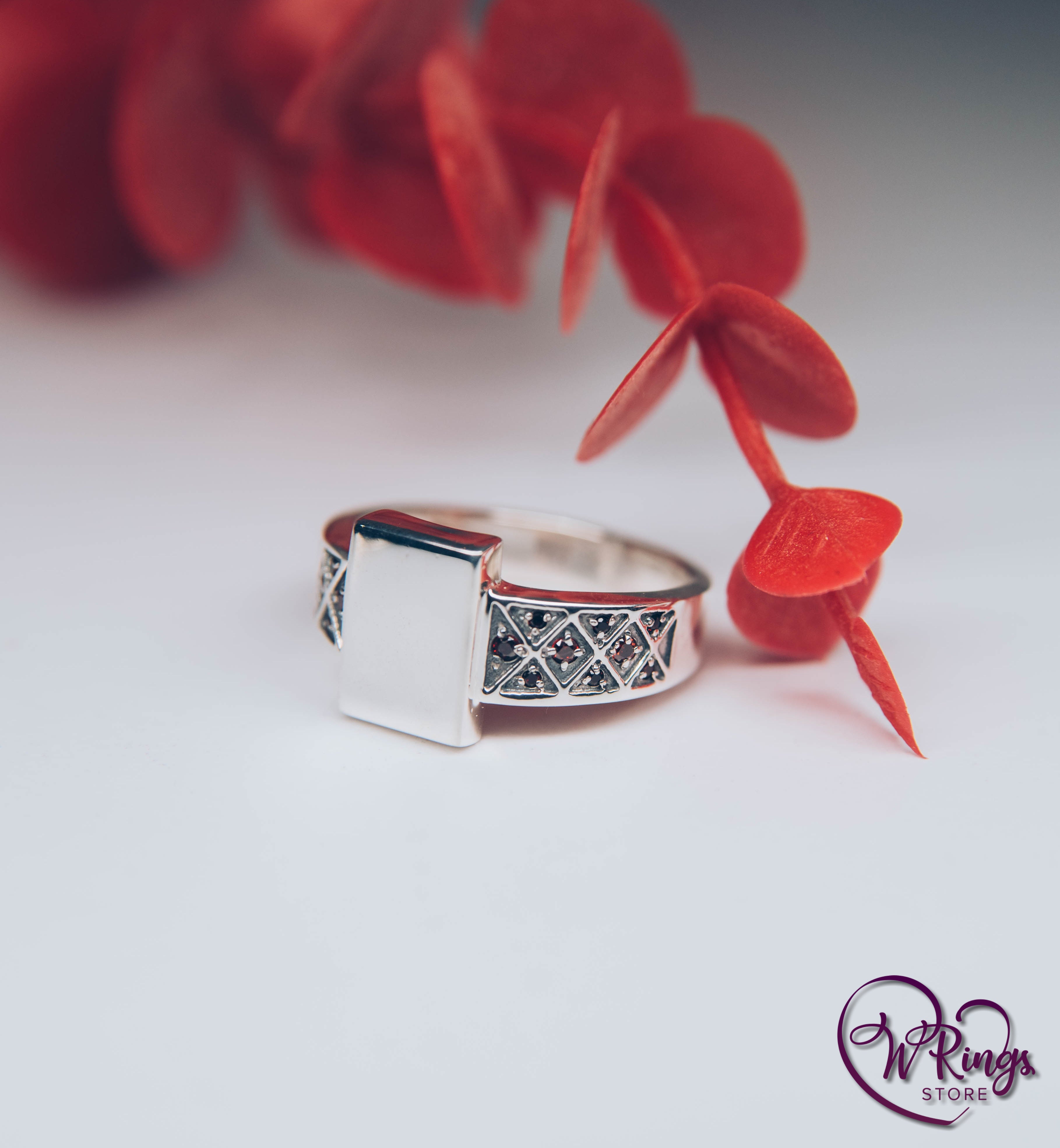 Rectangle shape & Side Rubies Signet Ring in Silver