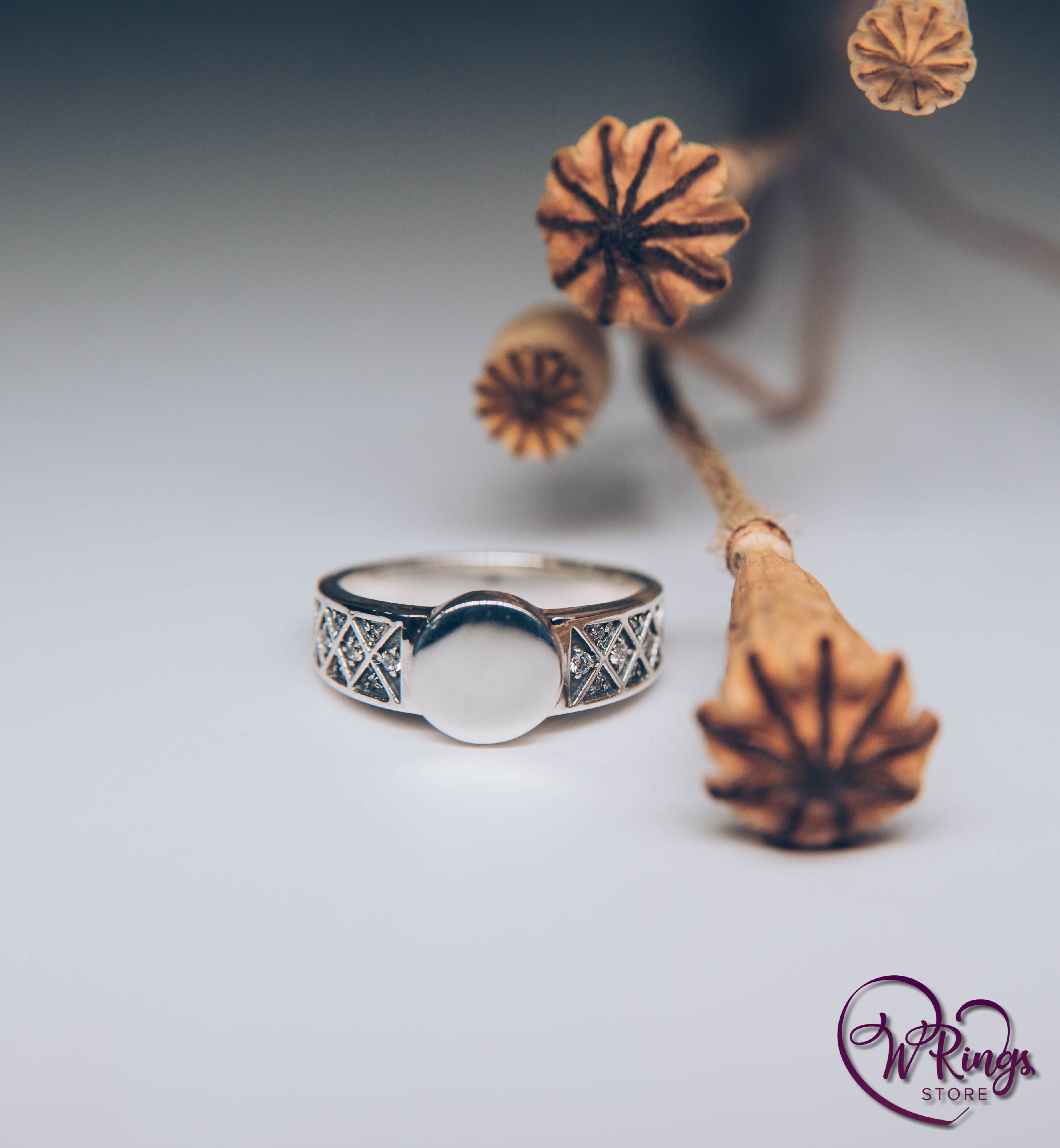 Round shape & Side Gemstones Signet Ring in Silver