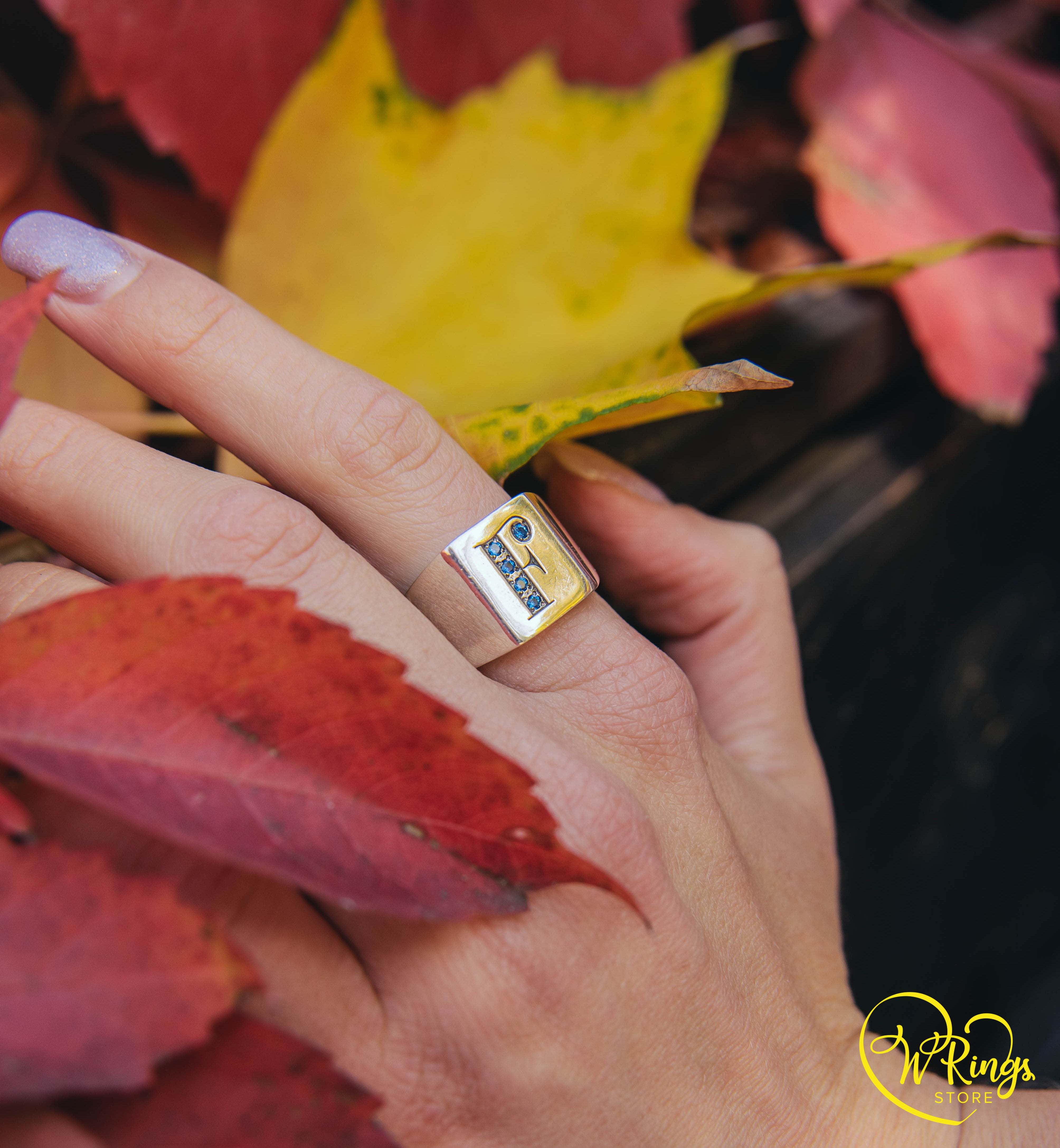 Sapphires in Letter F Custom Square Signet Ring in Silver