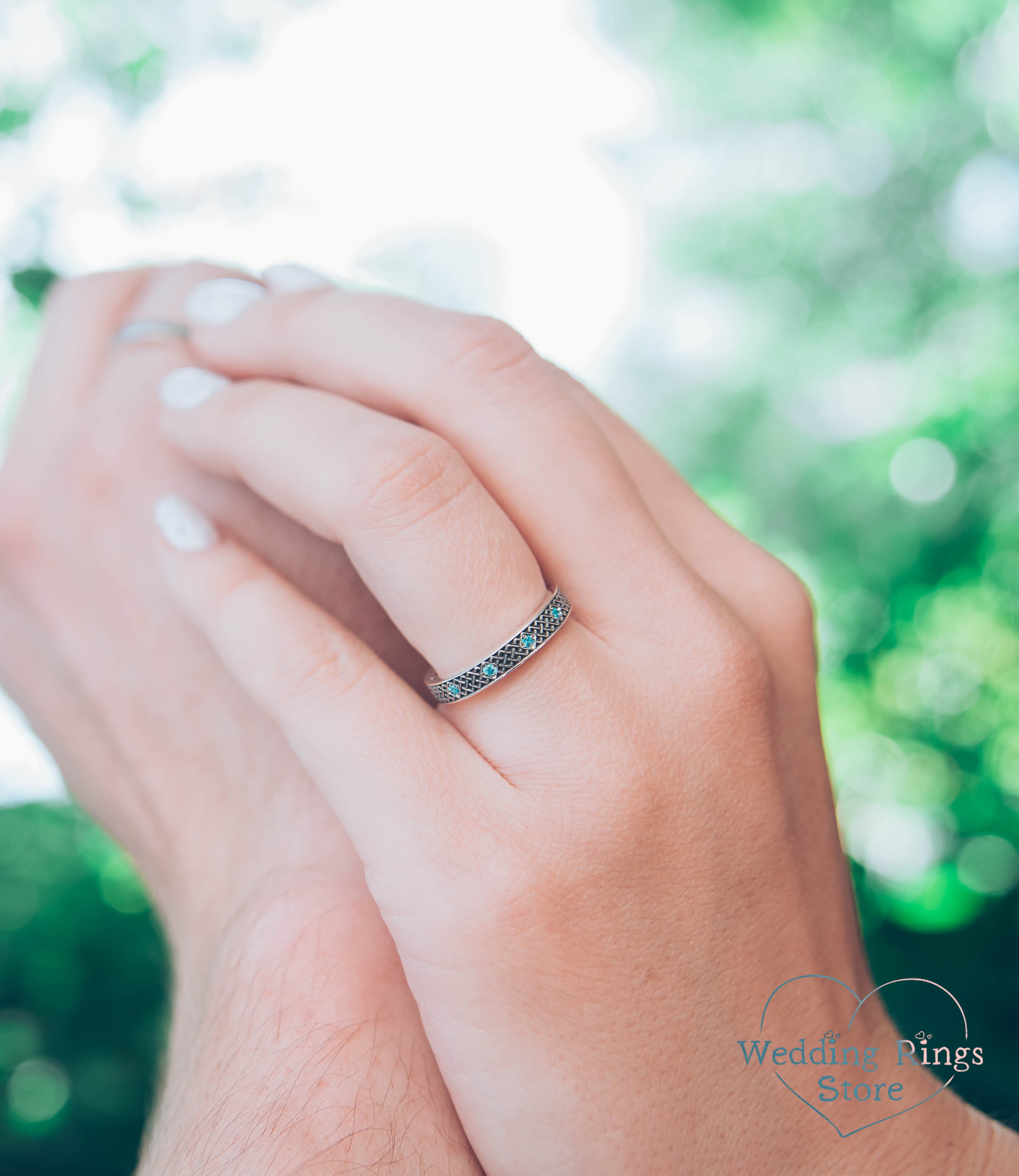 Silver Celtic Wedding Ring for Her – Subtle Knots & Blue Topazes