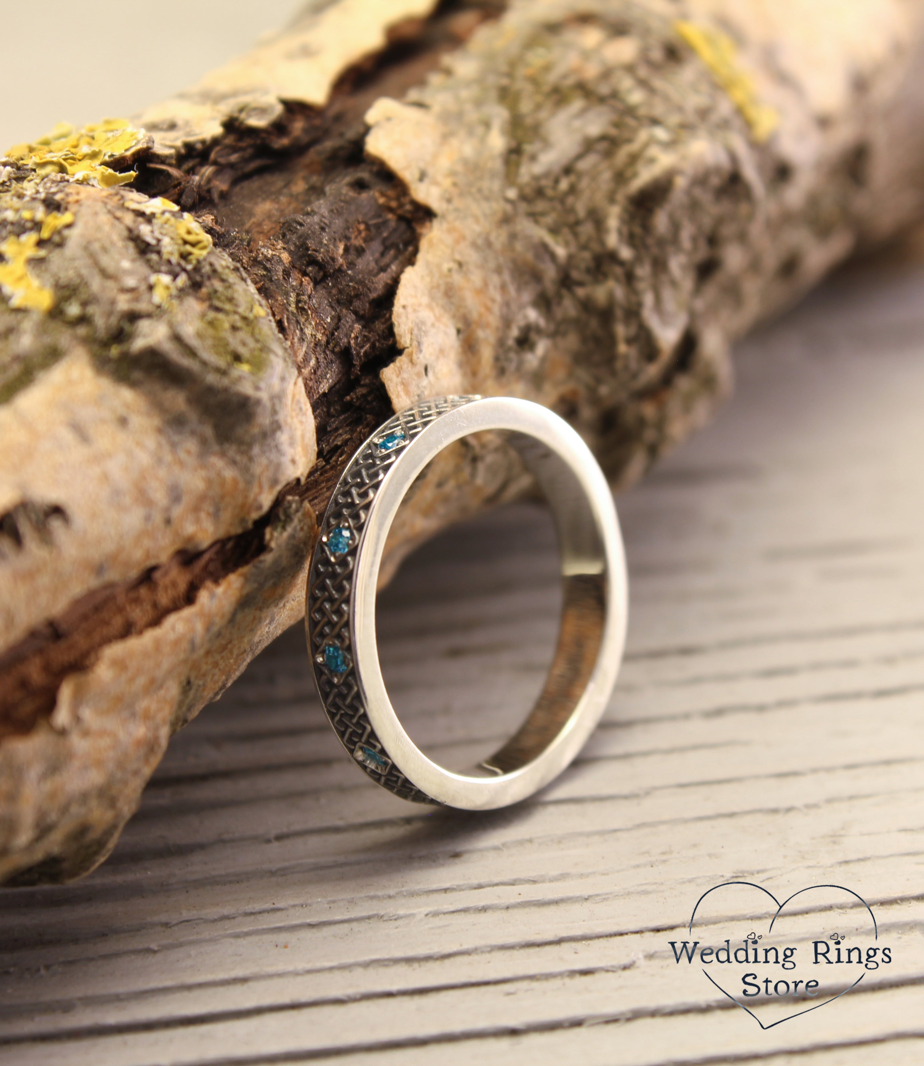 Silver Celtic Wedding Ring for Her – Subtle Knots & Blue Topazes