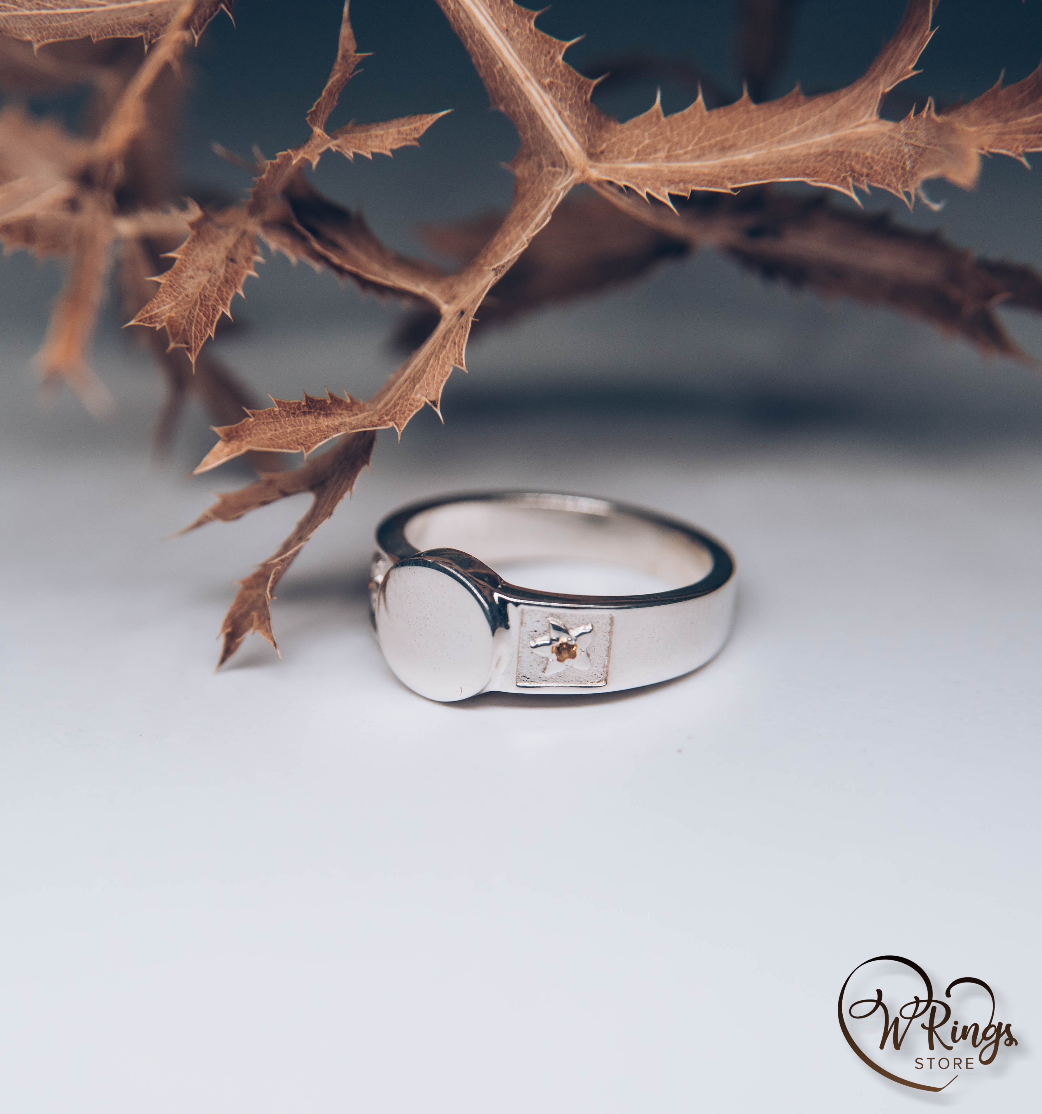 Silver Round shape Signet Ring & Side Leaves with Сitrines