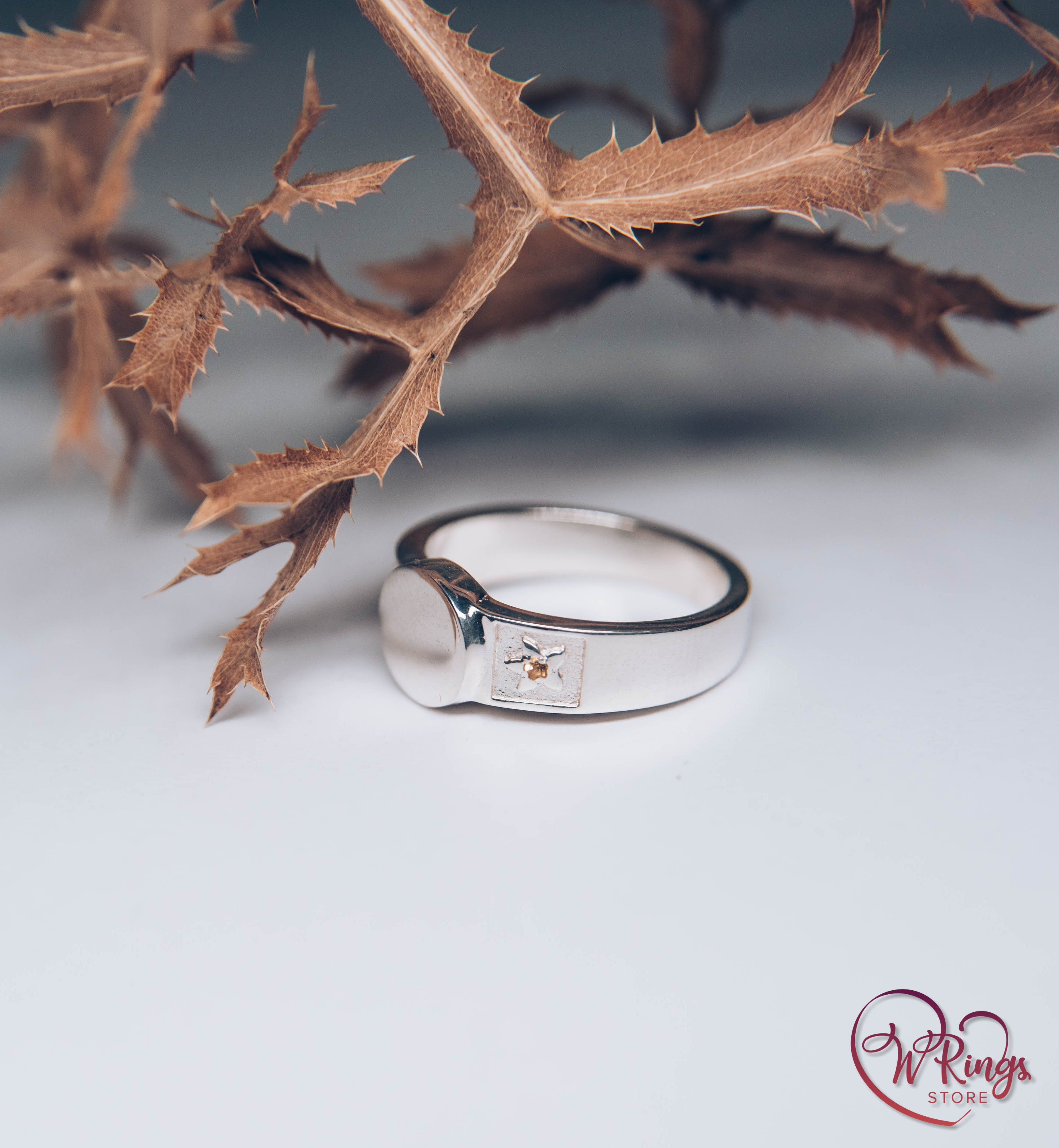 Silver Round shape Signet Ring & Side Leaves with Сitrines