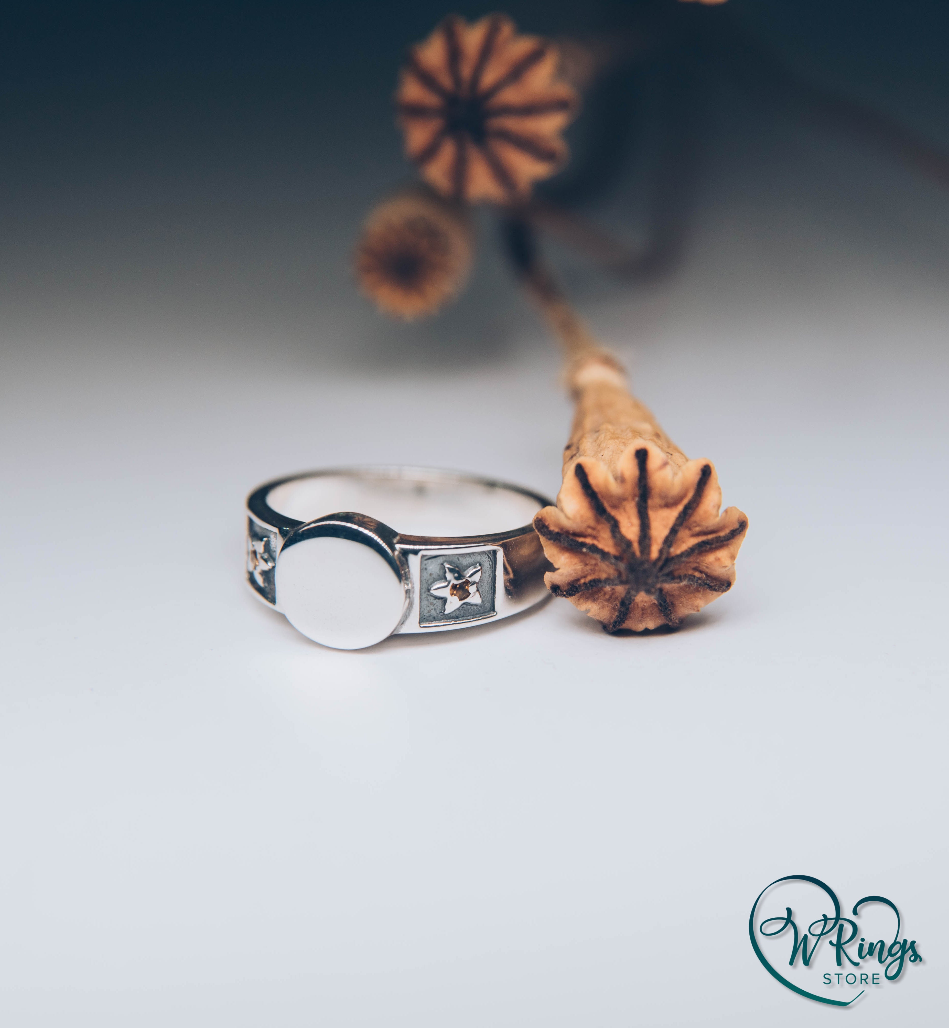 Silver Round shape Signet Ring & Side Leaves with Сitrines