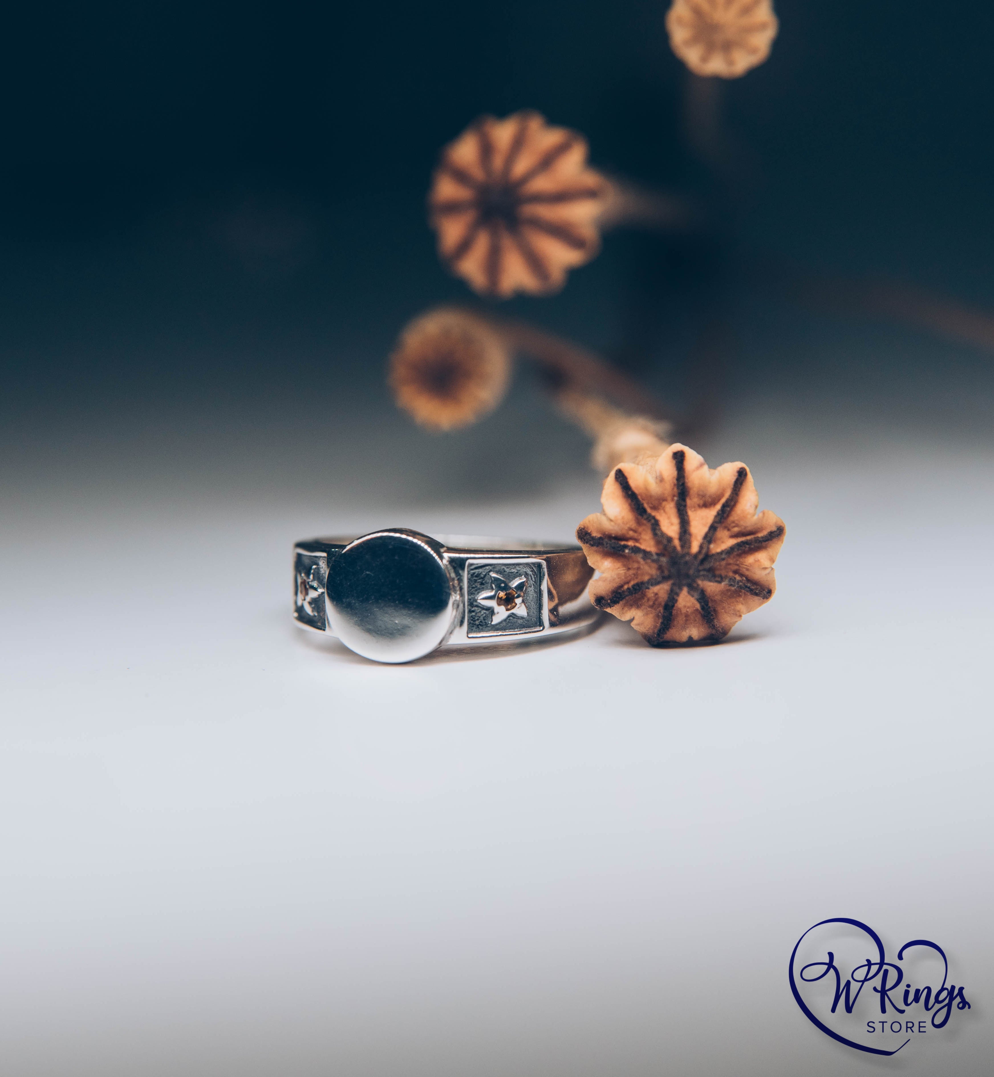 Silver Round shape Signet Ring & Side Leaves with Сitrines