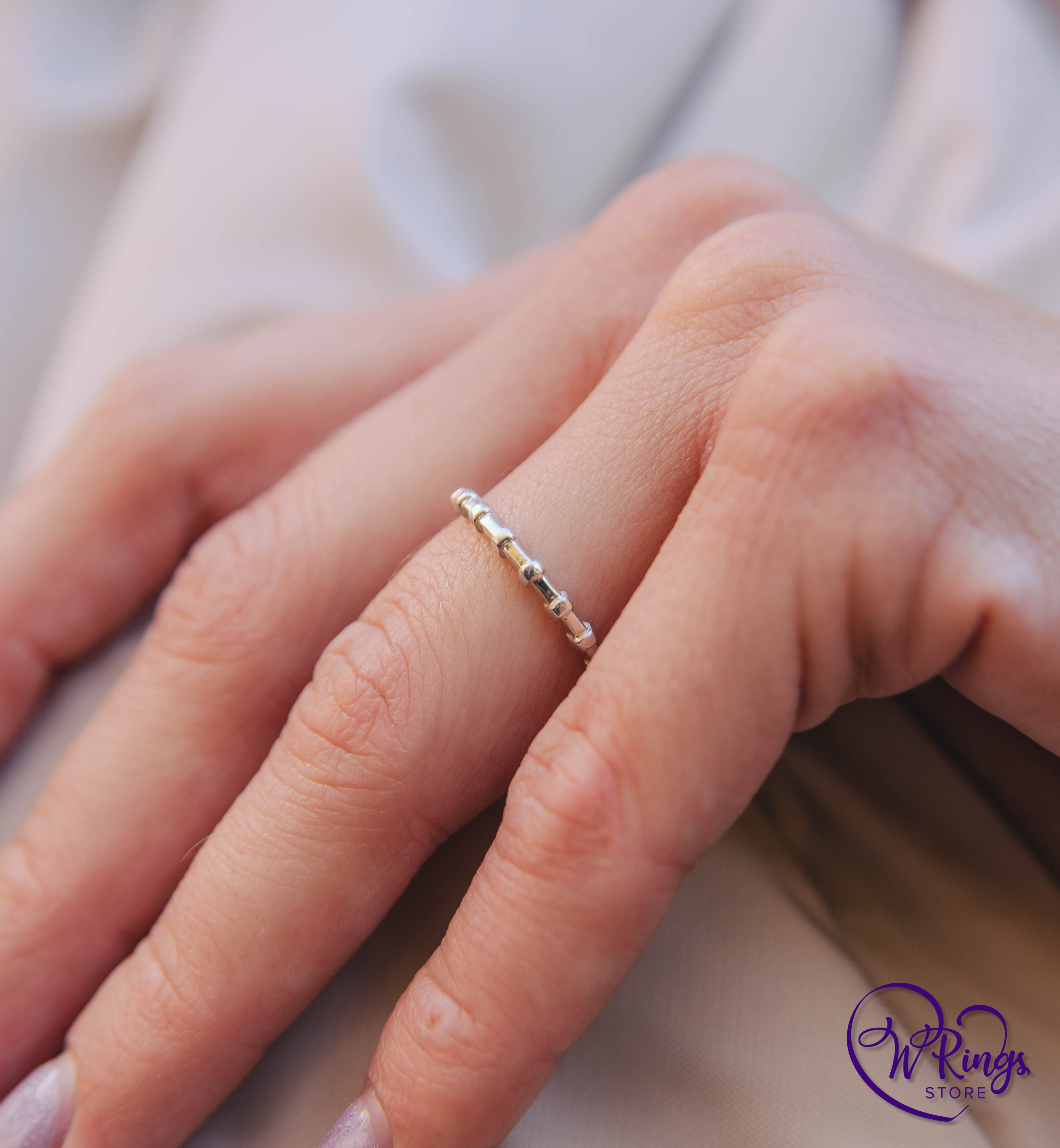 Simple & Thin Sterling Silver half Beaded Stacking Ring