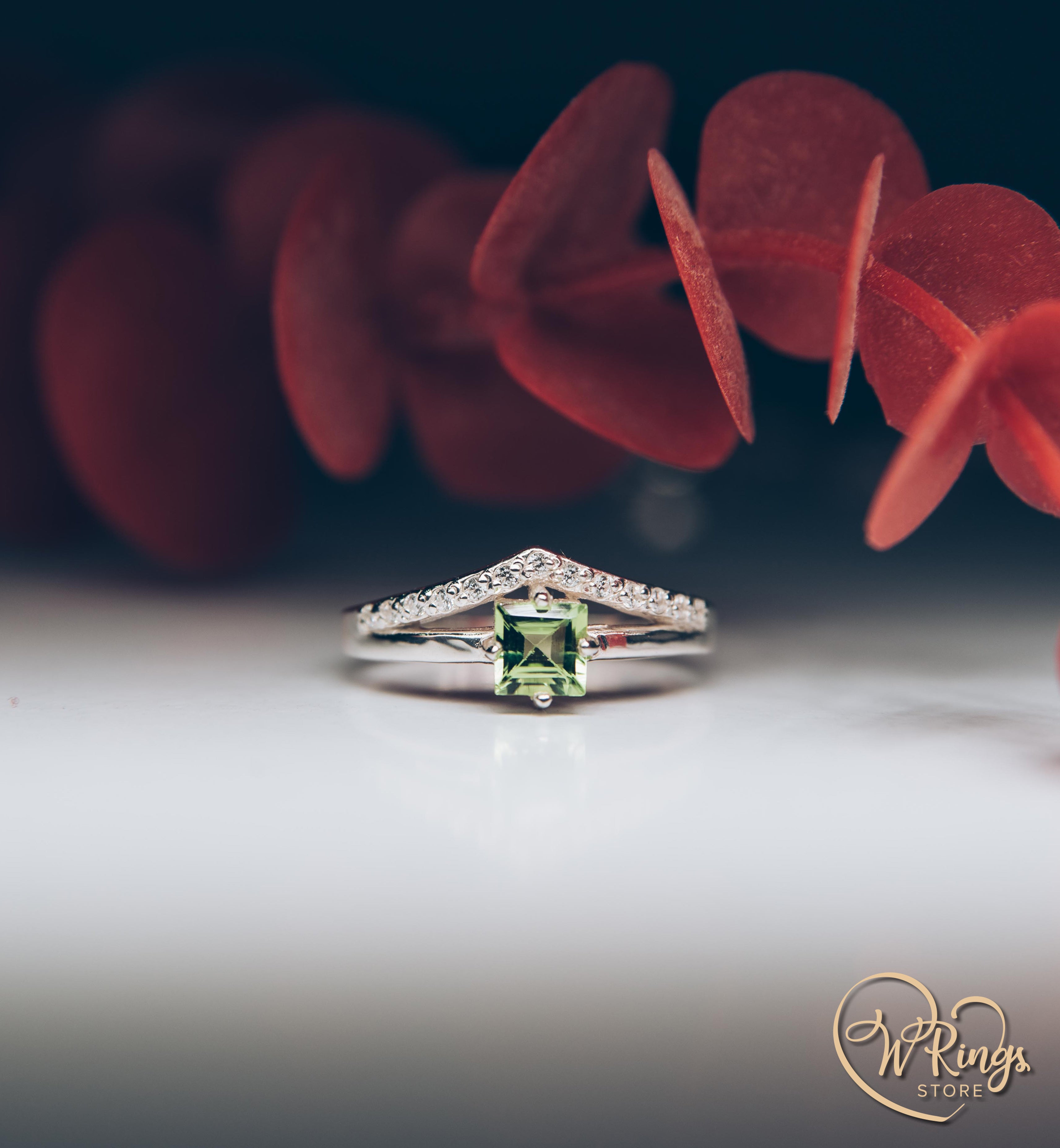 Square Peridot & Split shank Engagement Silver V Ring & Accents